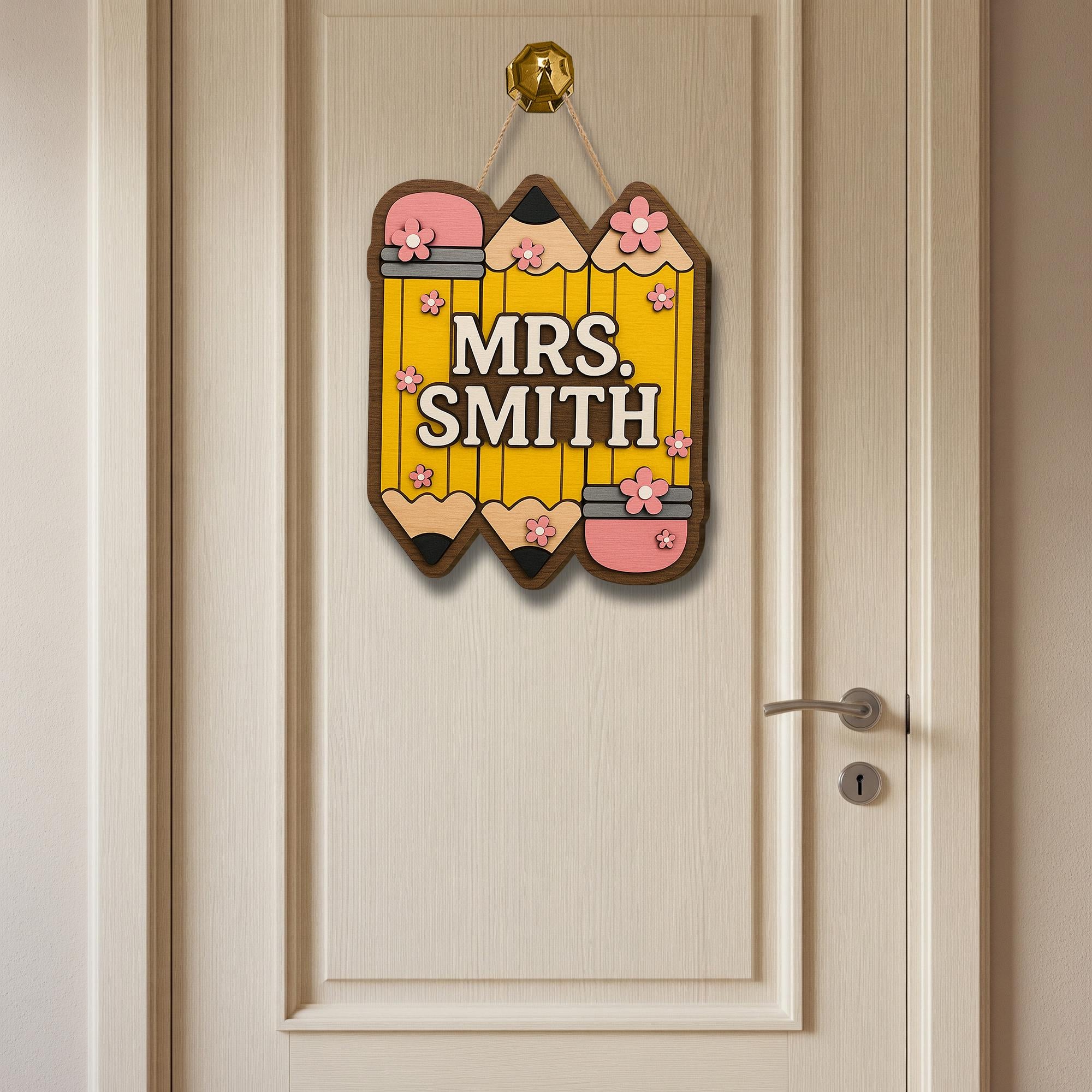 Personalized Teacher Door Sign, 3D Wooden Pencil Name Plaque, Classroom Decor Gift, Custom Back to School Hanging Sign