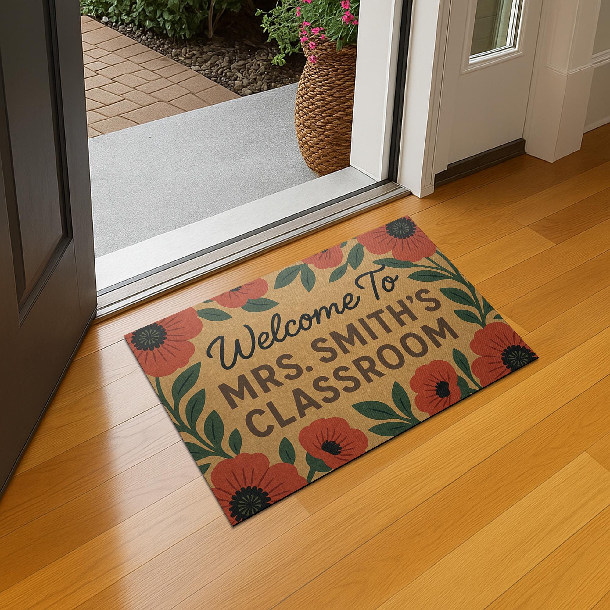 Personalized Teacher Doormat, Welcome to Classroom Rug, Custom Classroom Door Mat, Floral School Entry Decor, Teacher Doormat