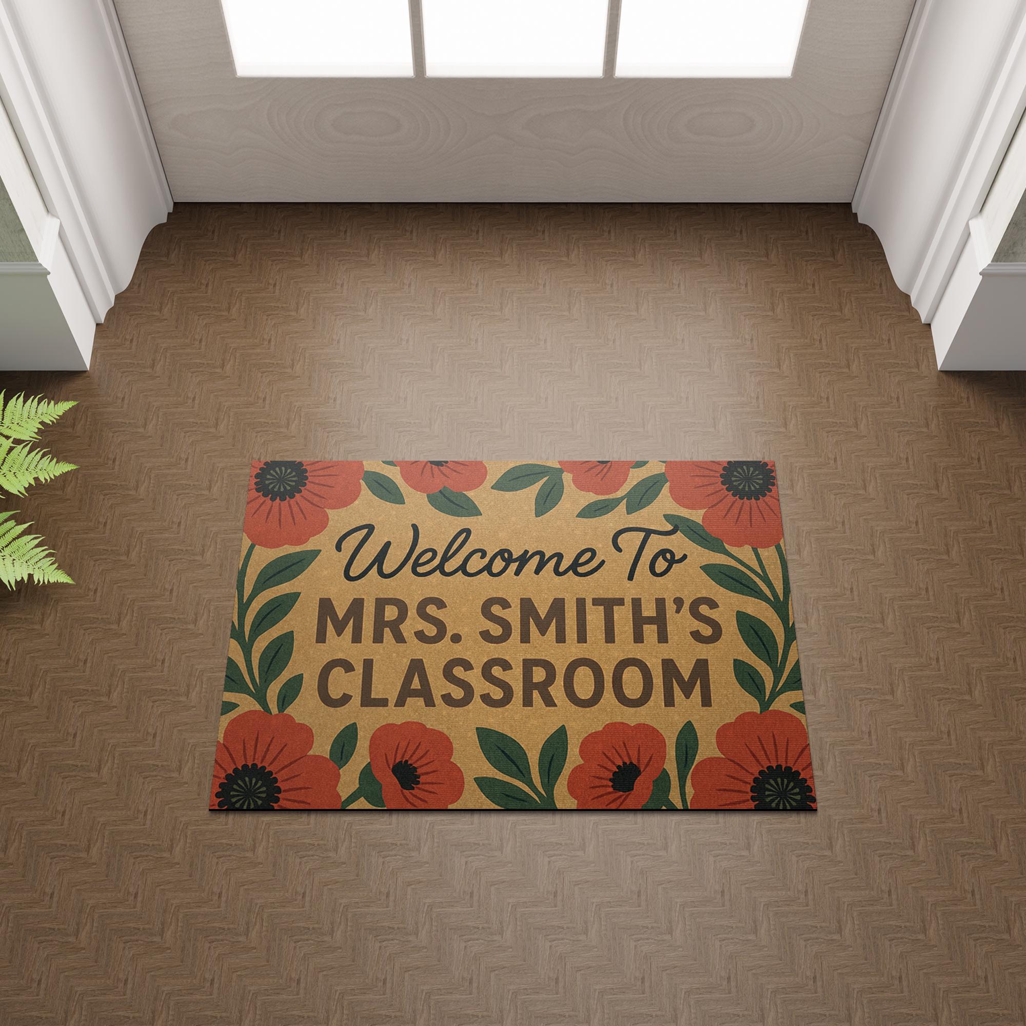 Personalized Teacher Doormat, Welcome to Classroom Rug, Custom Classroom Door Mat, Floral School Entry Decor, Teacher Doormat