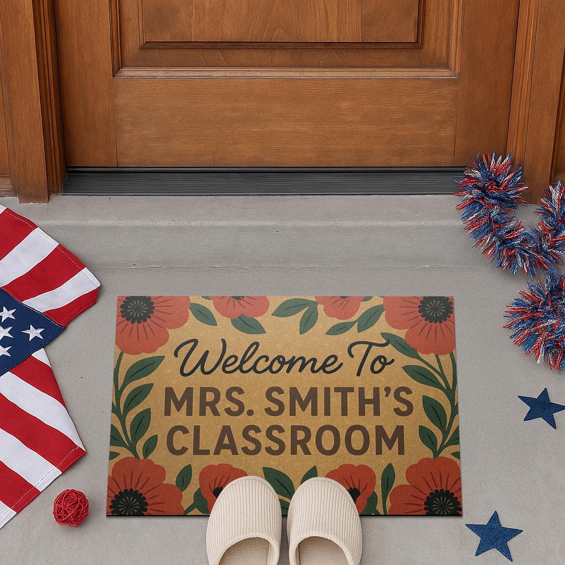 Personalized Teacher Doormat, Welcome to Classroom Rug, Custom Classroom Door Mat, Floral School Entry Decor, Teacher Doormat