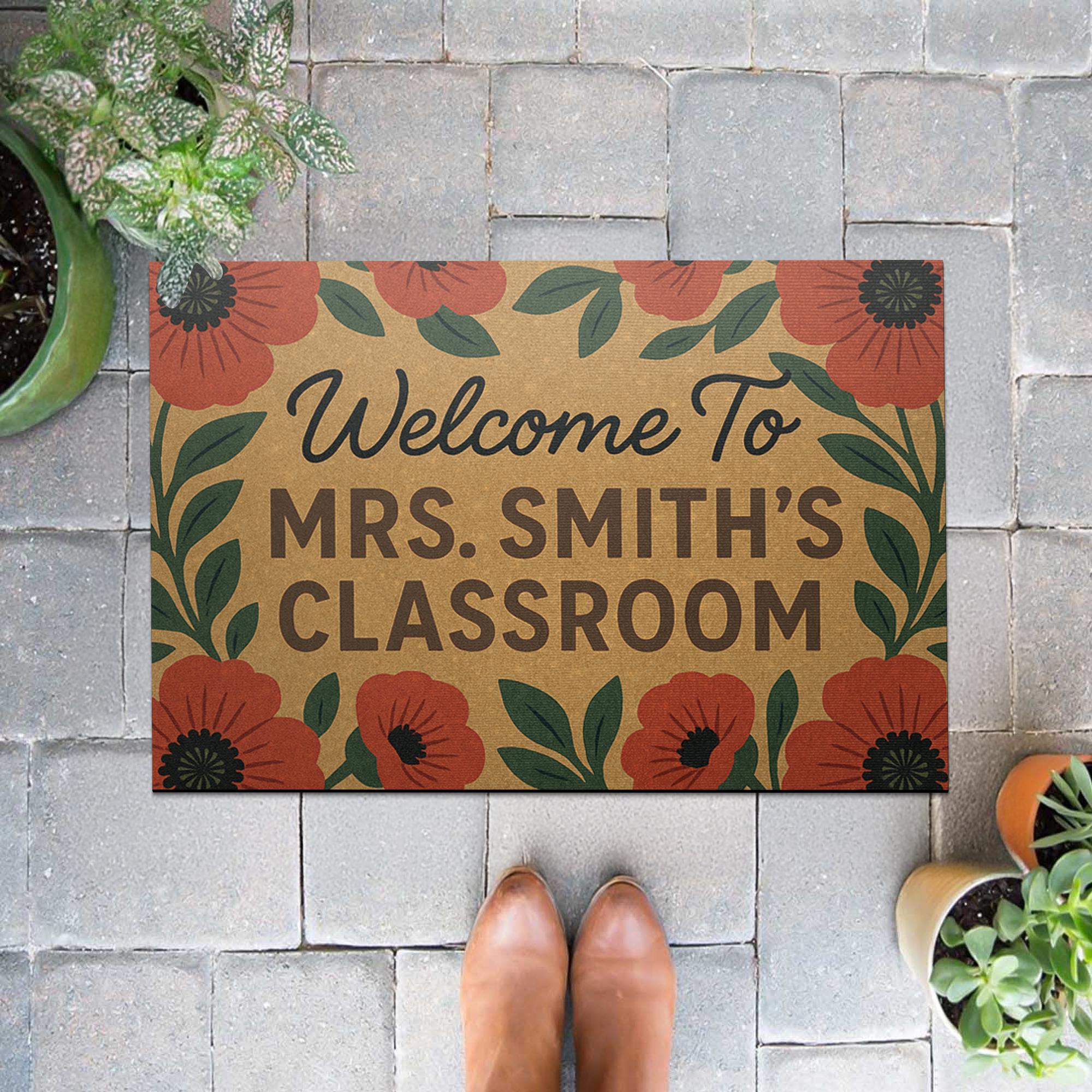 Personalized Teacher Doormat, Welcome to Classroom Rug, Custom Classroom Door Mat, Floral School Entry Decor, Teacher Doormat