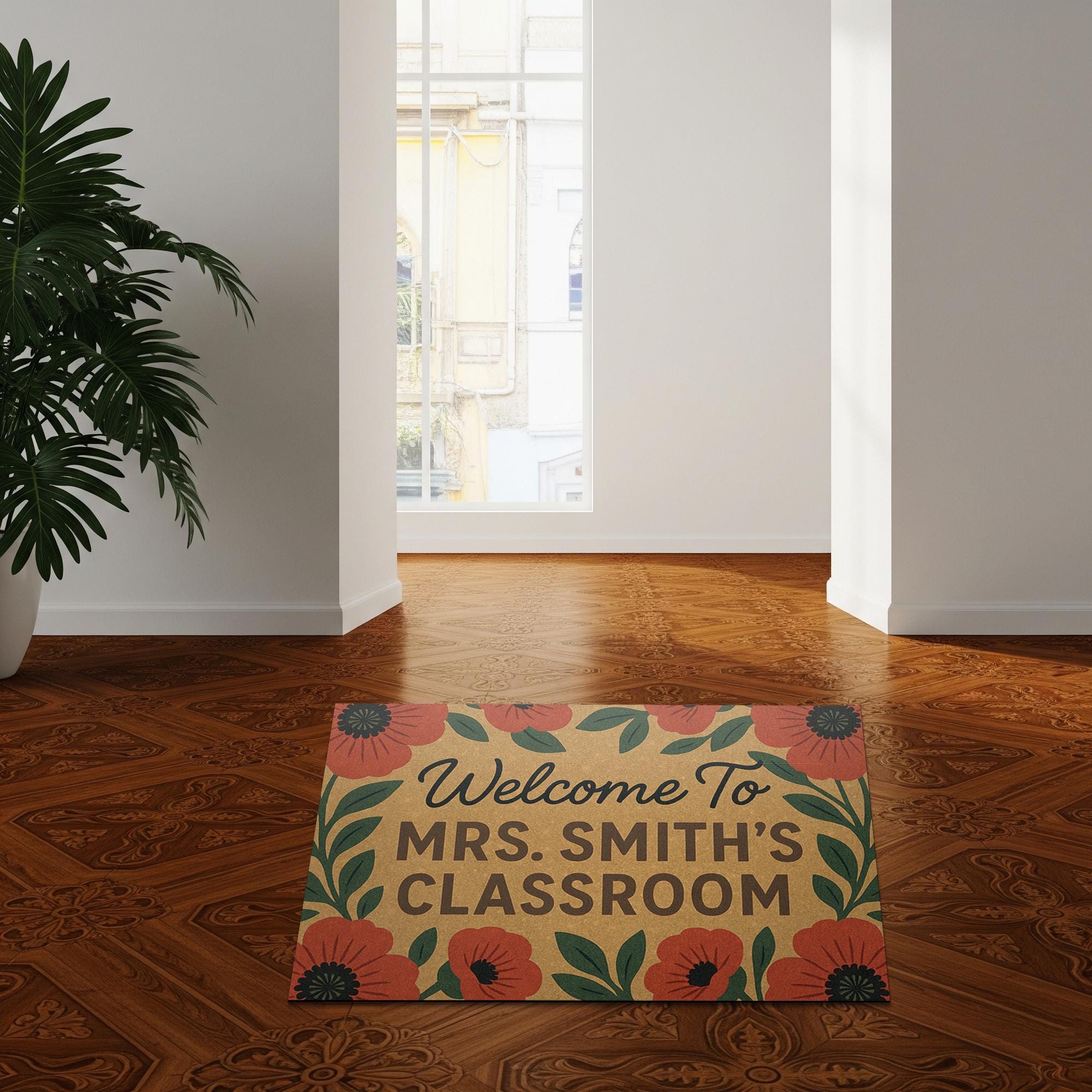 Personalized Teacher Doormat, Welcome to Classroom Rug, Custom Classroom Door Mat, Floral School Entry Decor, Teacher Doormat