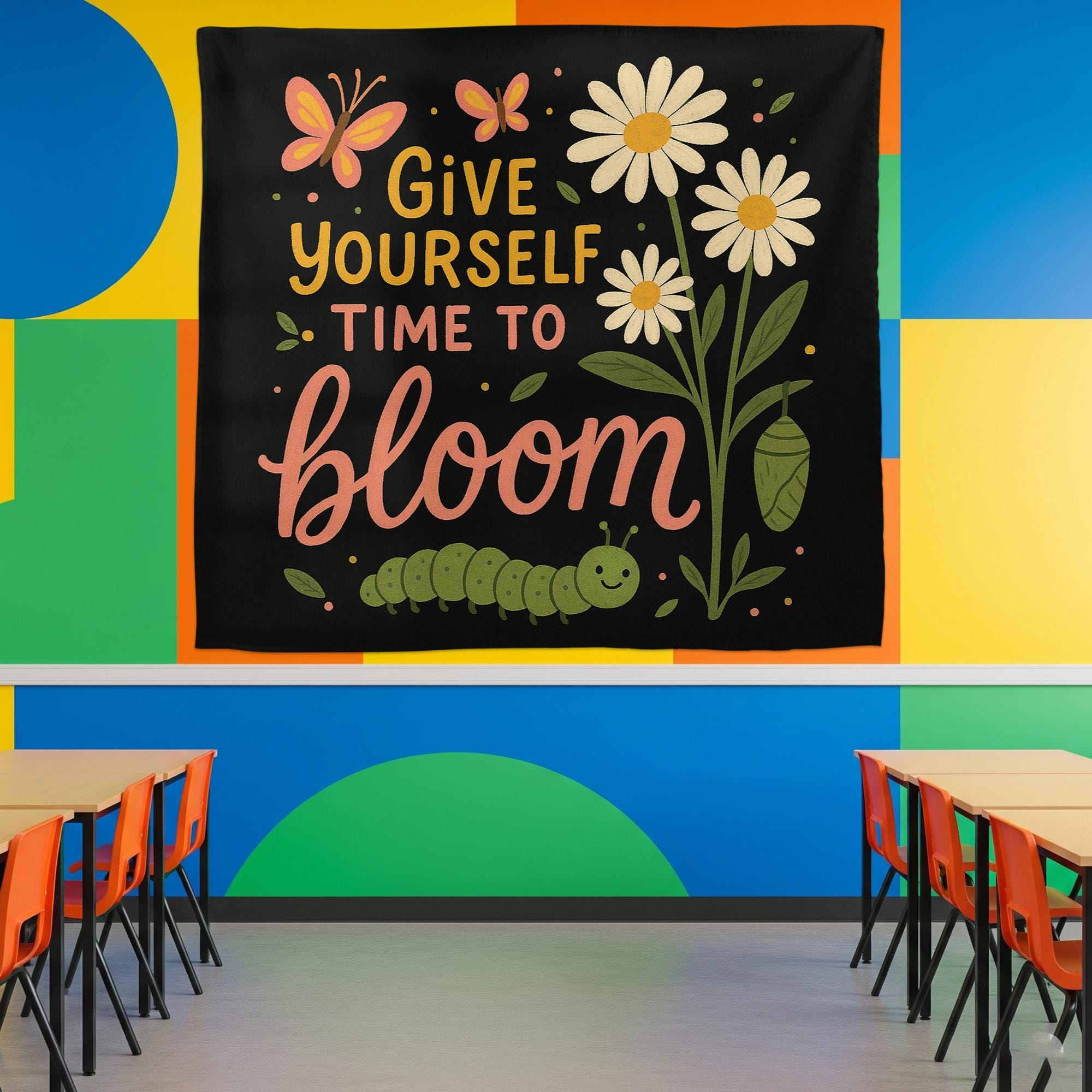 Motivational Classroom Tapestry, Give Yourself Time to Bloom Wall Decor, Cute Butterfly Caterpillar Banner, Teacher Gift