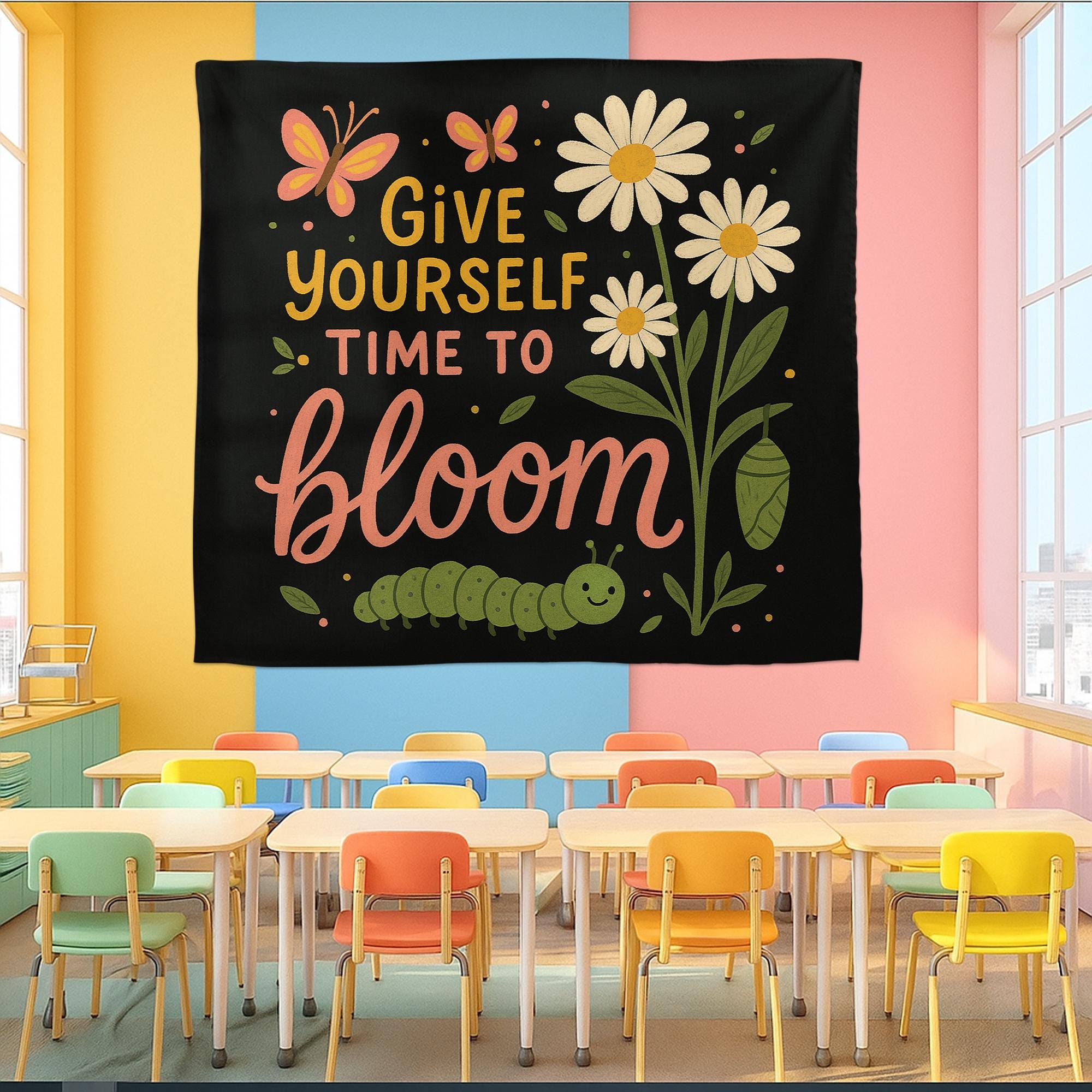 Motivational Classroom Tapestry, Give Yourself Time to Bloom Wall Decor, Cute Butterfly Caterpillar Banner, Teacher Gift
