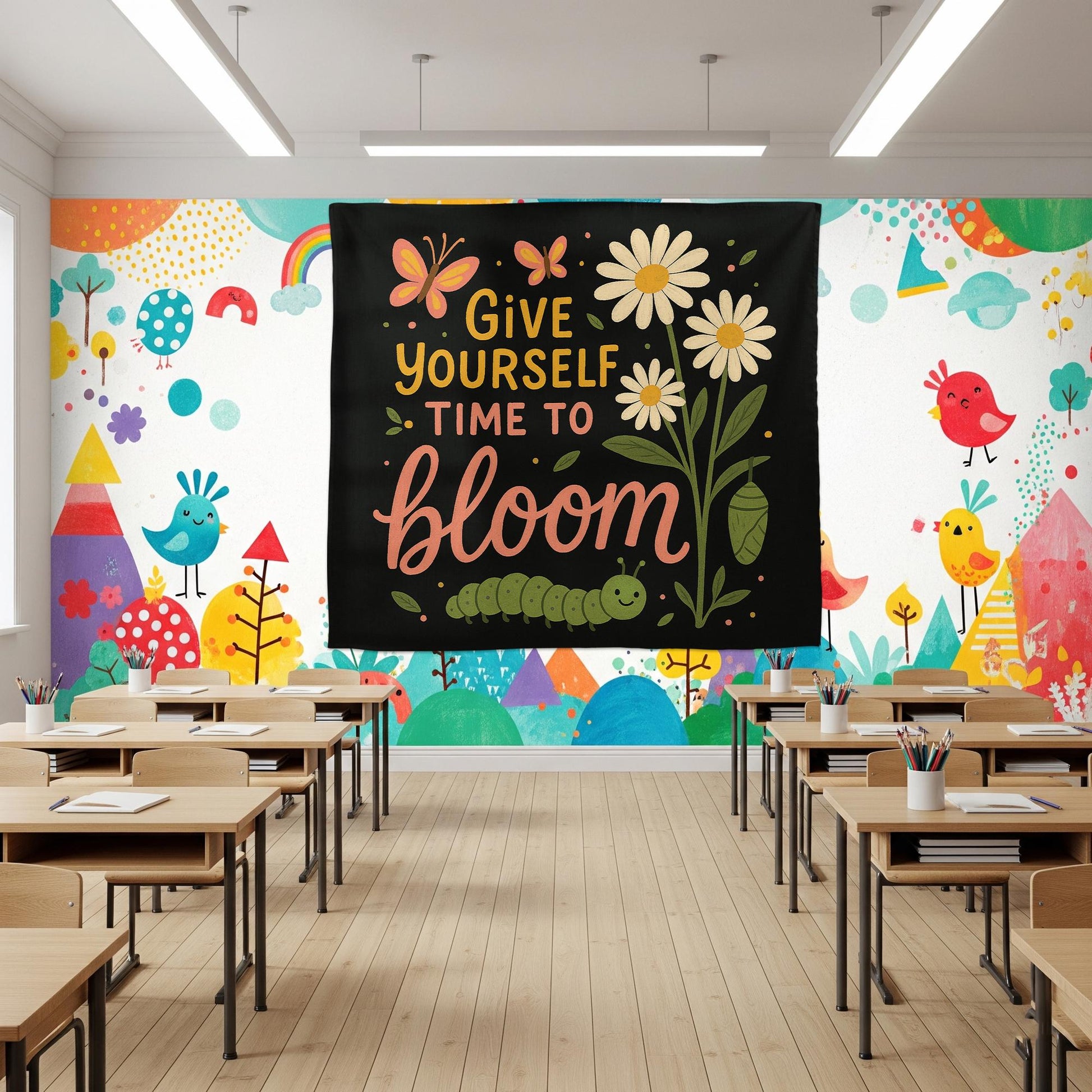 Motivational Classroom Tapestry, Give Yourself Time to Bloom Wall Decor, Cute Butterfly Caterpillar Banner, Teacher Gift