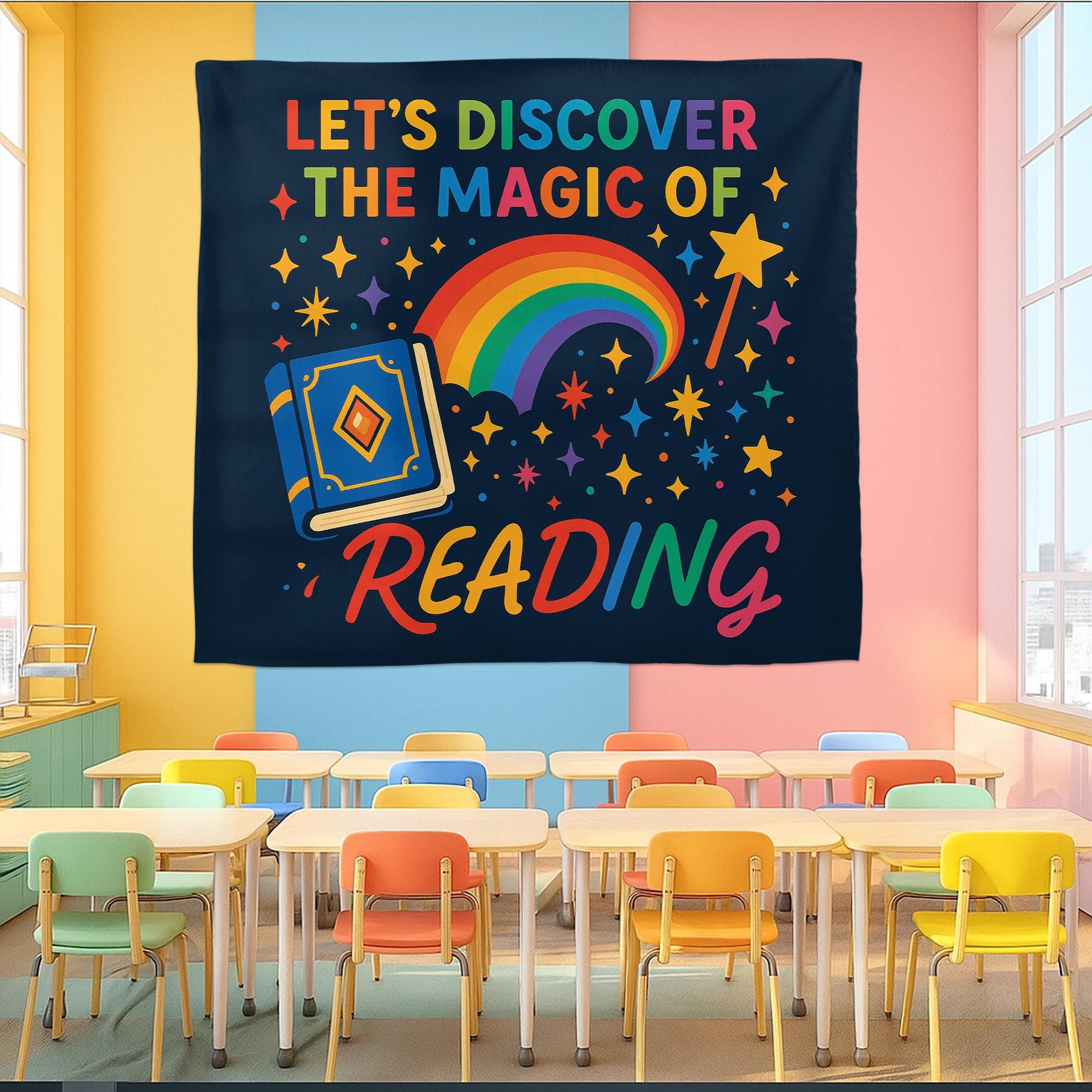 Reading Classroom Tapestry, Let's Discover the Magic of Reading Wall Decor, Rainbow Book Banner, Teacher Literacy Poster