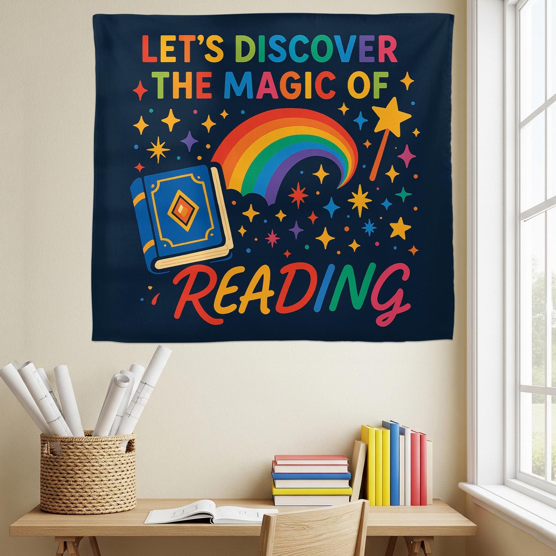 Reading Classroom Tapestry, Let's Discover the Magic of Reading Wall Decor, Rainbow Book Banner, Teacher Literacy Poster