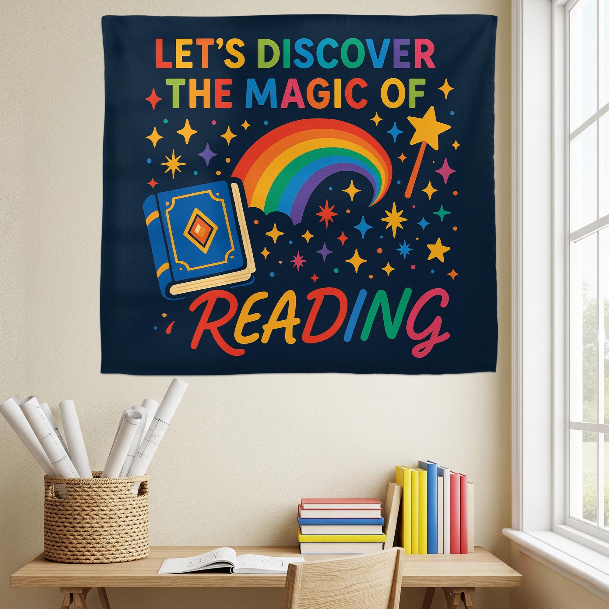 Reading Classroom Tapestry, Let's Discover the Magic of Reading Wall Decor, Rainbow Book Banner, Teacher Literacy Poster