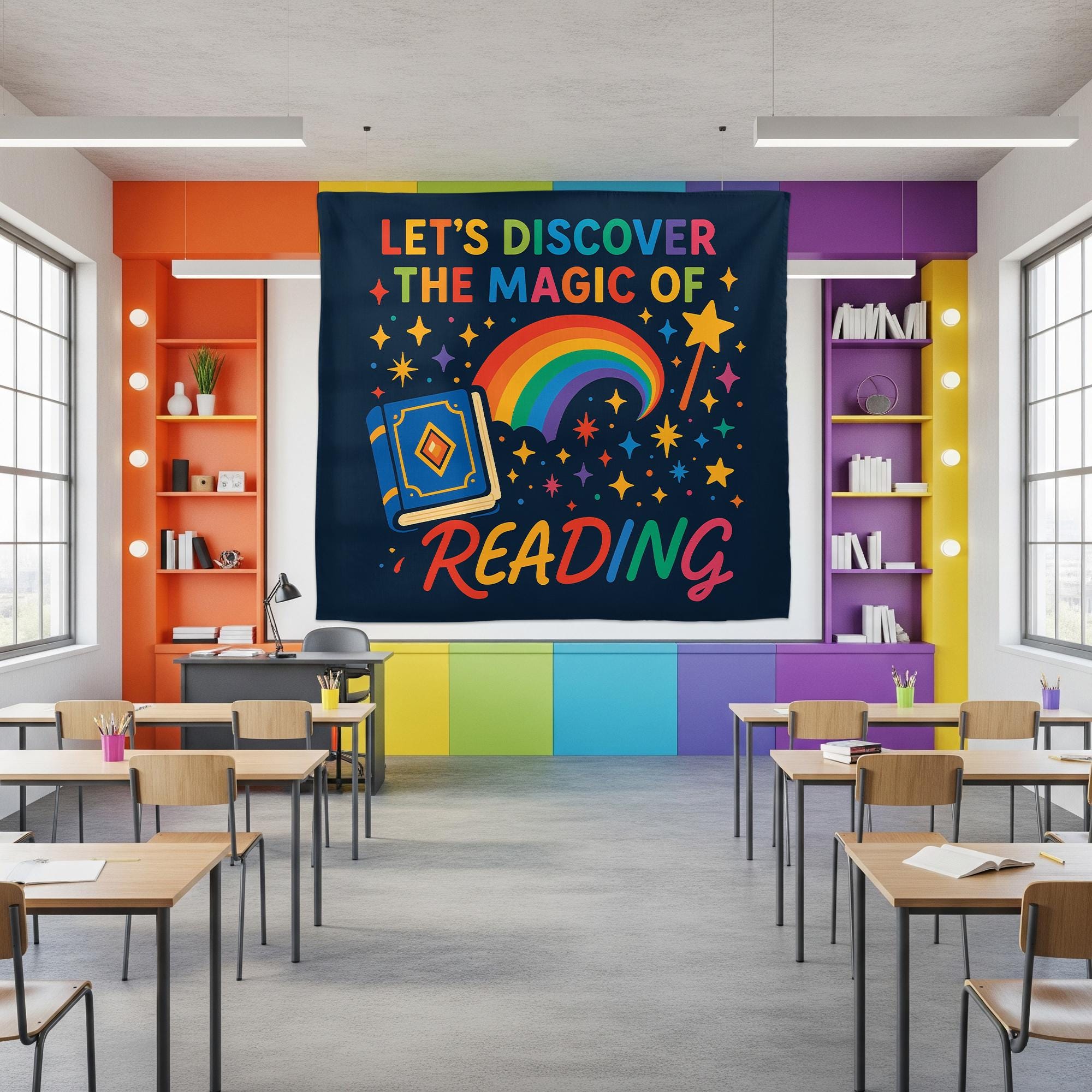 Reading Classroom Tapestry, Let's Discover the Magic of Reading Wall Decor, Rainbow Book Banner, Teacher Literacy Poster