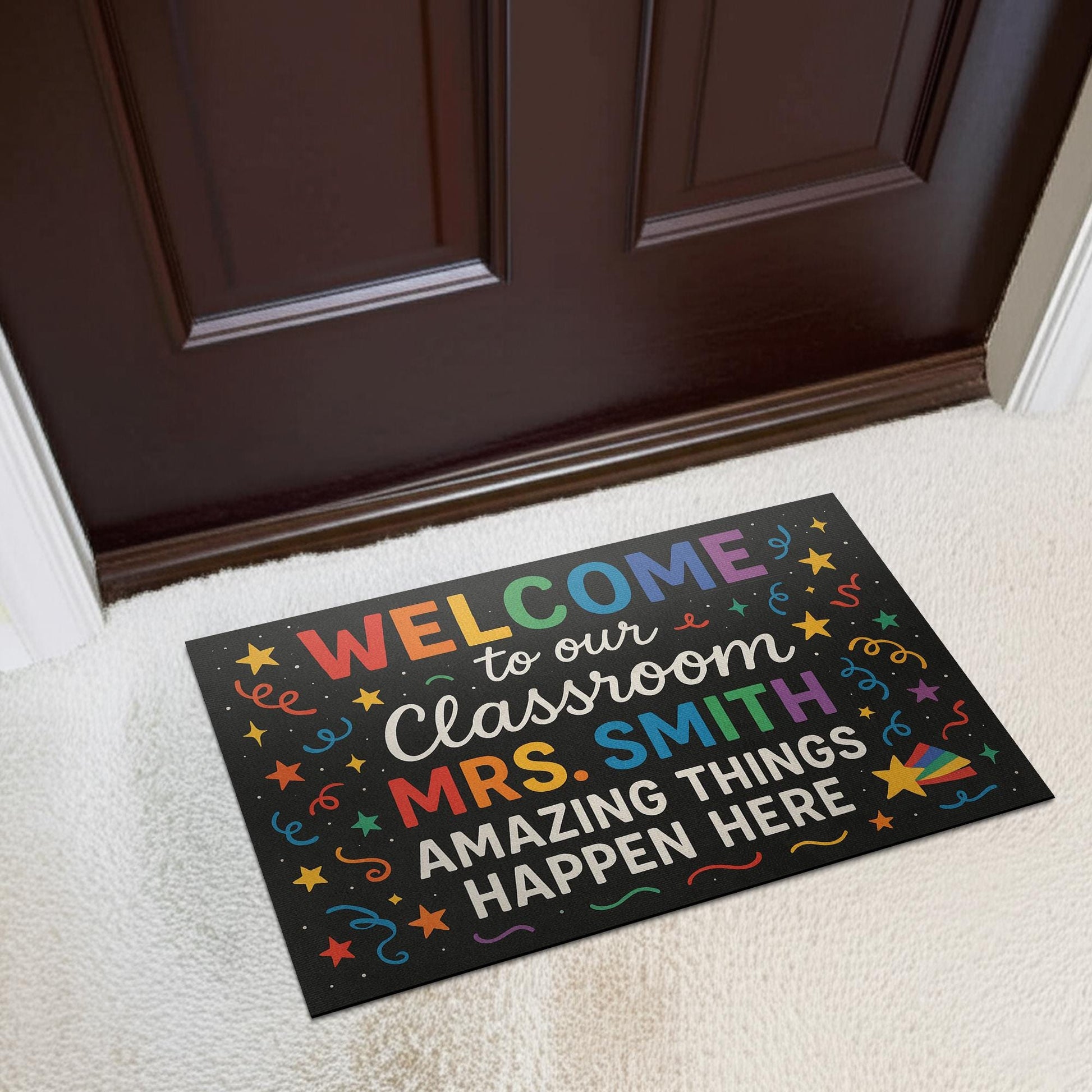 Welcome Classroom Doormat, Personalized Teacher Rug, Rainbow Confetti Door Mat, Custom Back to School Decor, Teacher Gift