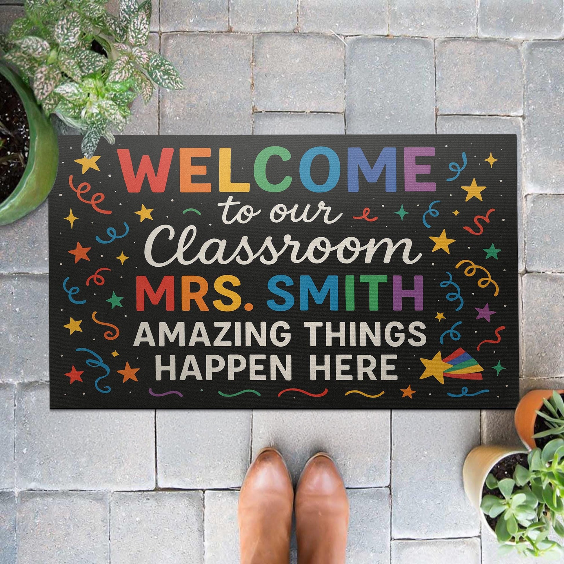 Welcome Classroom Doormat, Personalized Teacher Rug, Rainbow Confetti Door Mat, Custom Back to School Decor, Teacher Gift