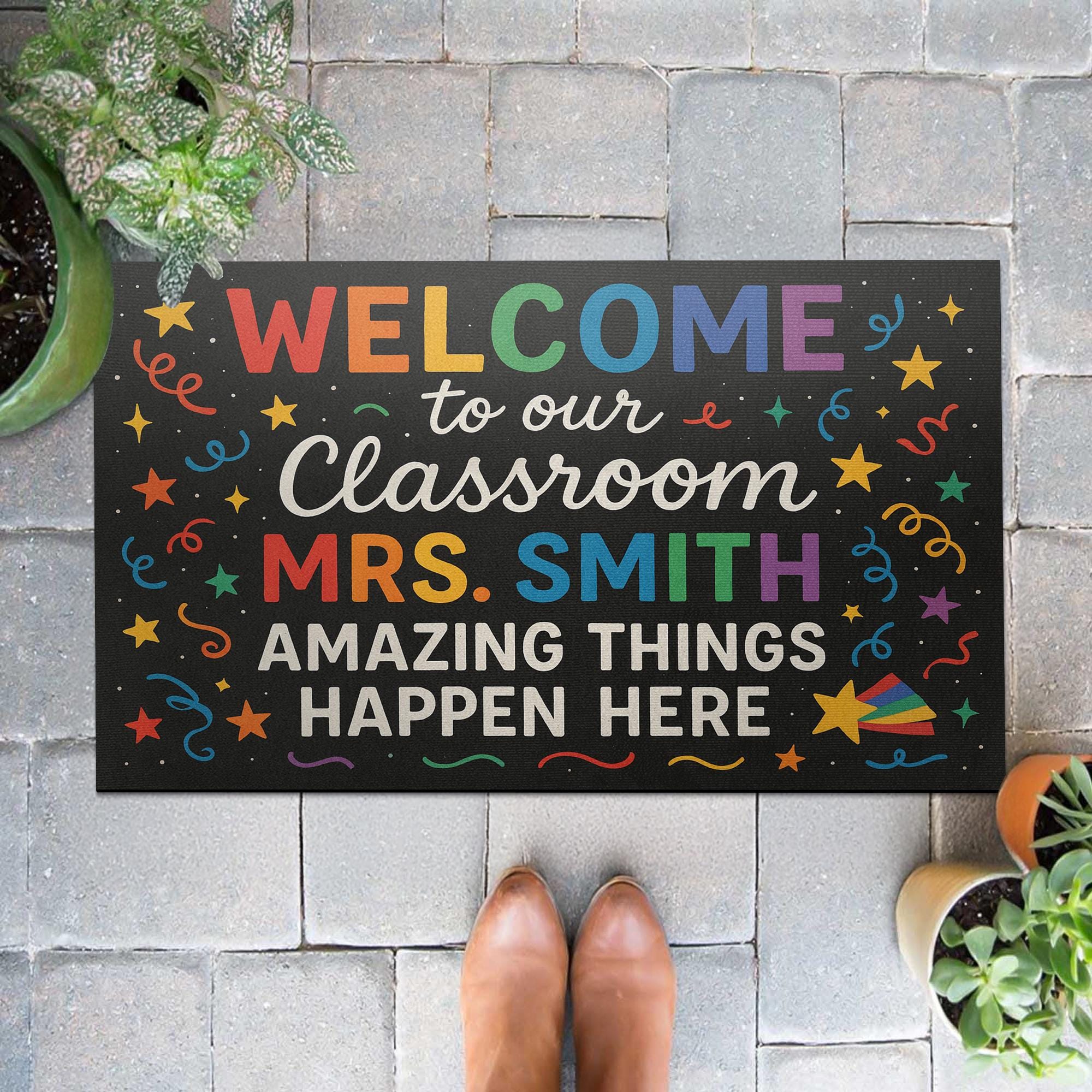 Welcome Classroom Doormat, Personalized Teacher Rug, Rainbow Confetti Door Mat, Custom Back to School Decor, Teacher Gift
