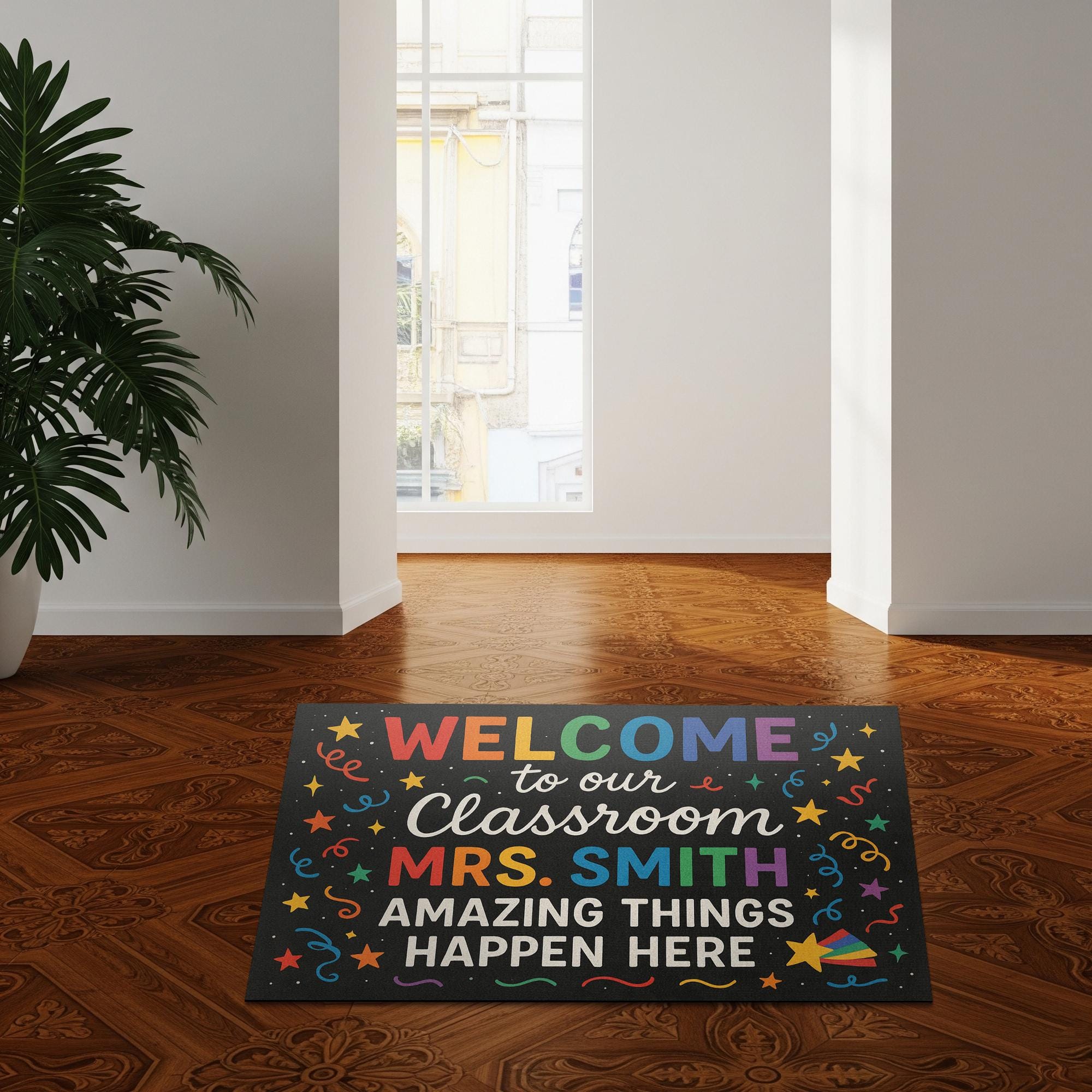 Welcome Classroom Doormat, Personalized Teacher Rug, Rainbow Confetti Door Mat, Custom Back to School Decor, Teacher Gift