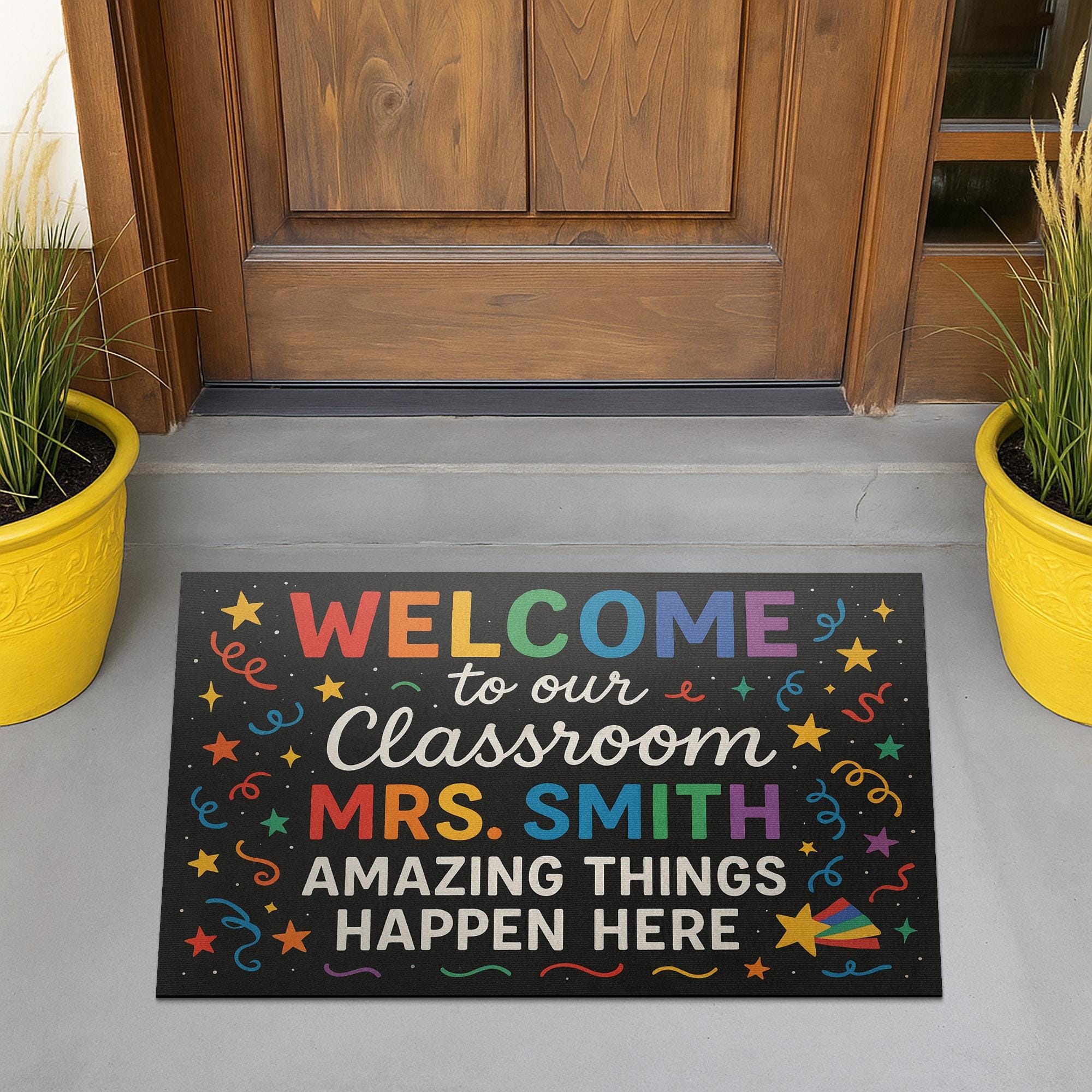 Welcome Classroom Doormat, Personalized Teacher Rug, Rainbow Confetti Door Mat, Custom Back to School Decor, Teacher Gift