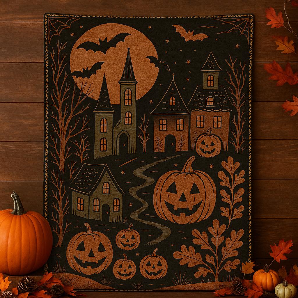 Halloween Throw Blanket – Vintage Haunted Castle & Jack-O’-Lanterns – Spooky Gothic Fall Home Decor – Pumpkin Bats Autumn Fleece blanket