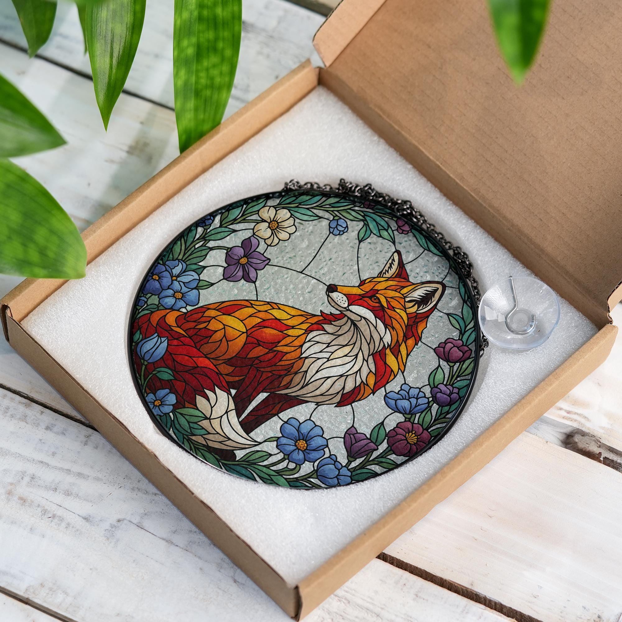 Glass Fox Suncatcher Round Panel – Colorful Animal Window Hanging Art with Flowers for Nature Home Decor