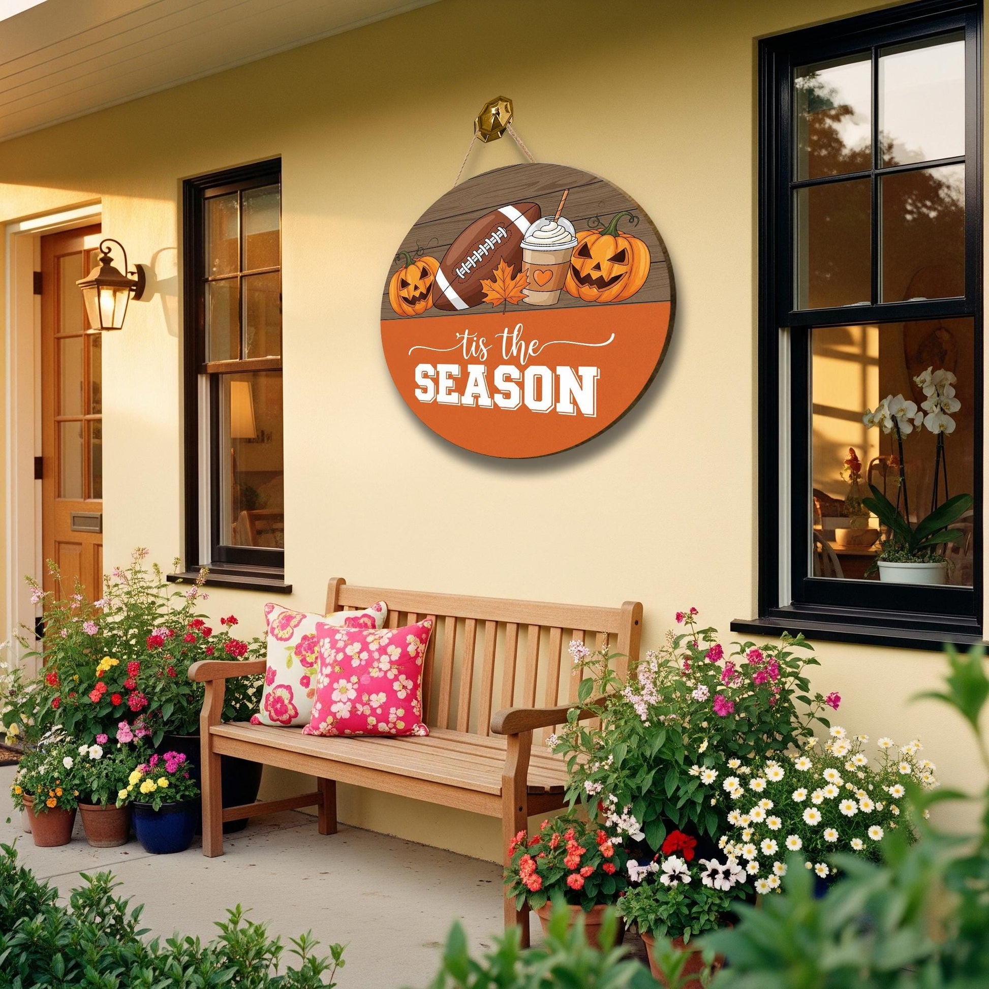 Fall Pumpkin Football Door Sign – Autumn Round Hanging Decor with Coffee and Leaf for Halloween and Thanksgiving Home Entryway