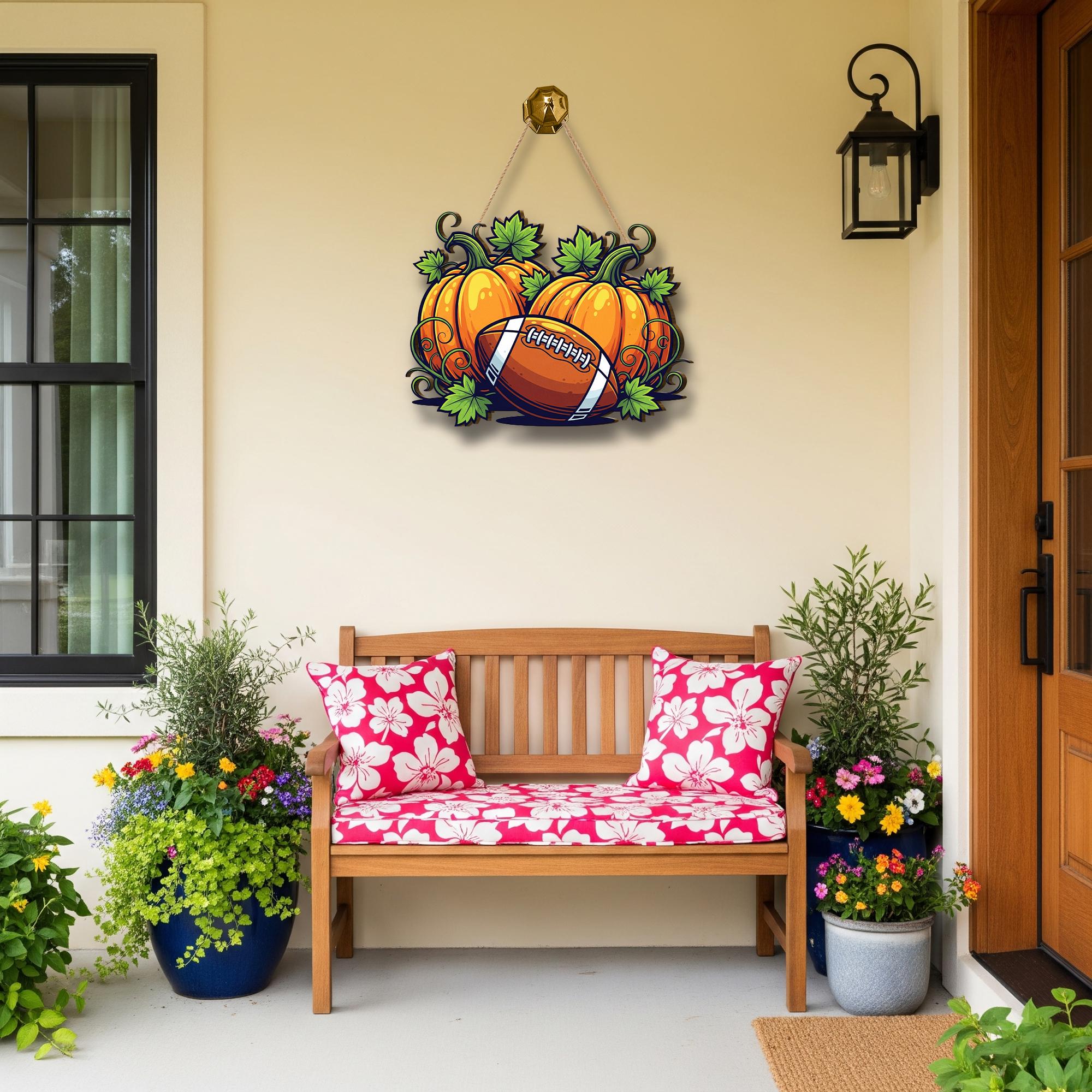 Pumpkin Football Door Sign – Rustic Autumn Hanging Decor for Fall, Halloween, and Thanksgiving Front Porch or Entryway
