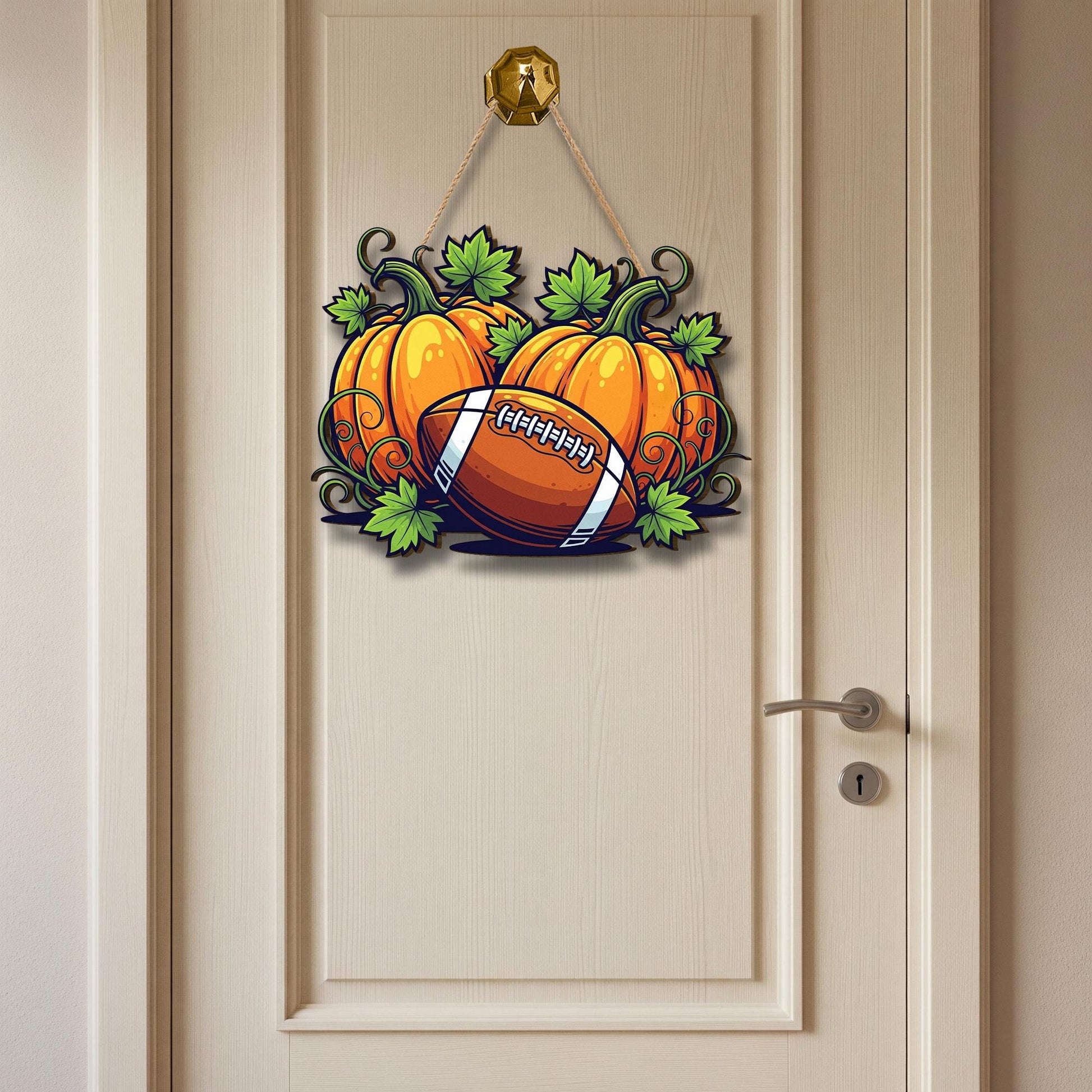 Pumpkin Football Door Sign – Rustic Autumn Hanging Decor for Fall, Halloween, and Thanksgiving Front Porch or Entryway