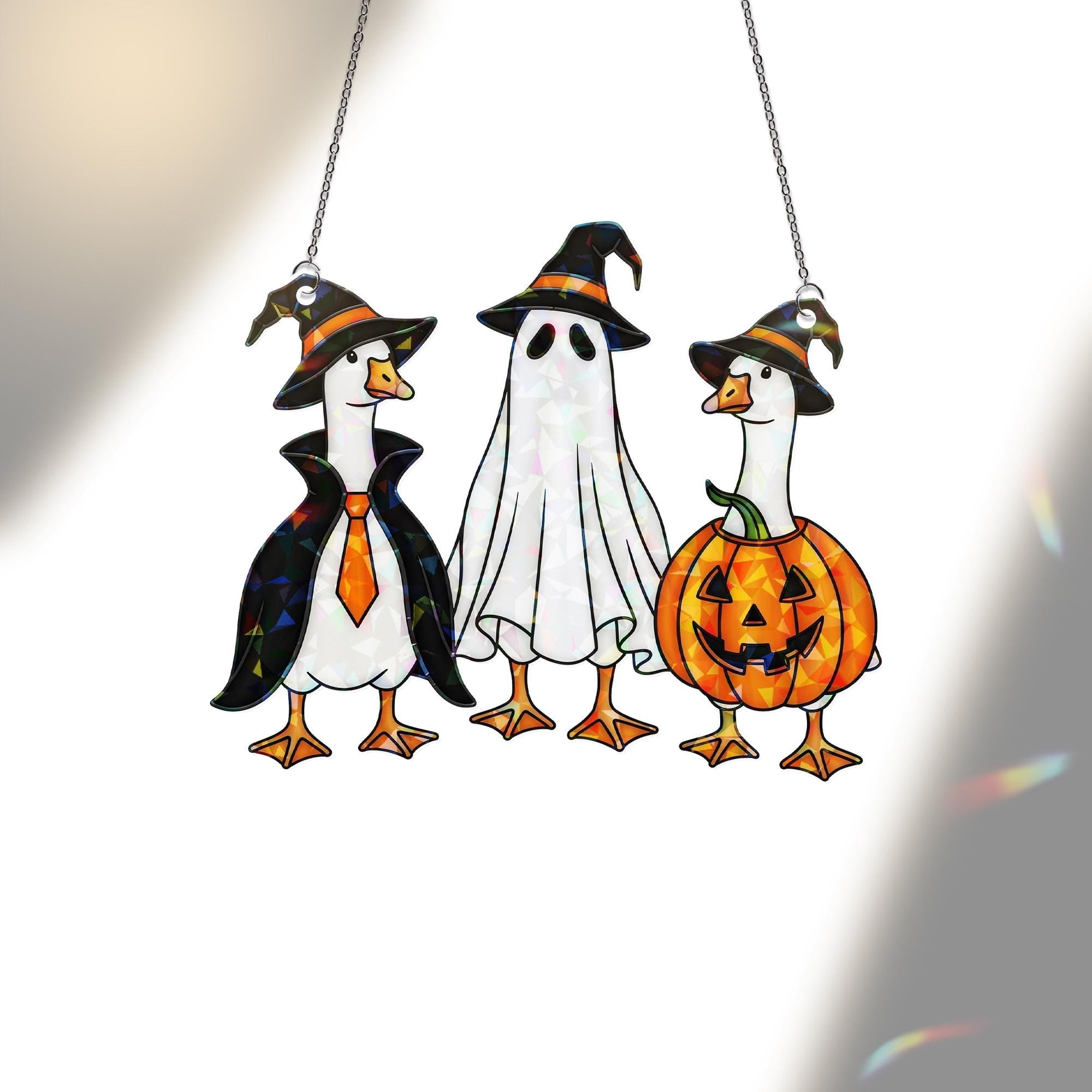 Halloween Goose Hologram Ornament – Cute Goose Witch, Ghost, Pumpkin Costumes – Funny ACRYLIC Window Hanging Fall Decor, Spooky Goose Gift