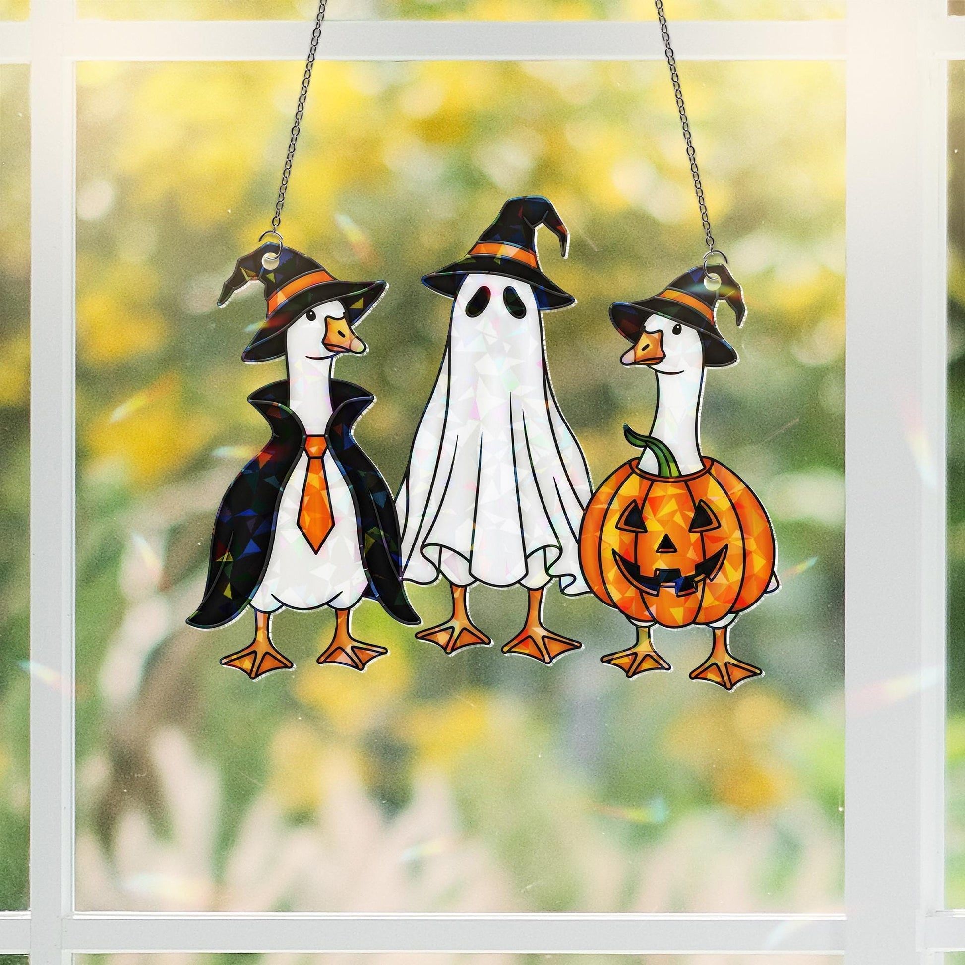 Halloween Goose Hologram Ornament – Cute Goose Witch, Ghost, Pumpkin Costumes – Funny ACRYLIC Window Hanging Fall Decor, Spooky Goose Gift