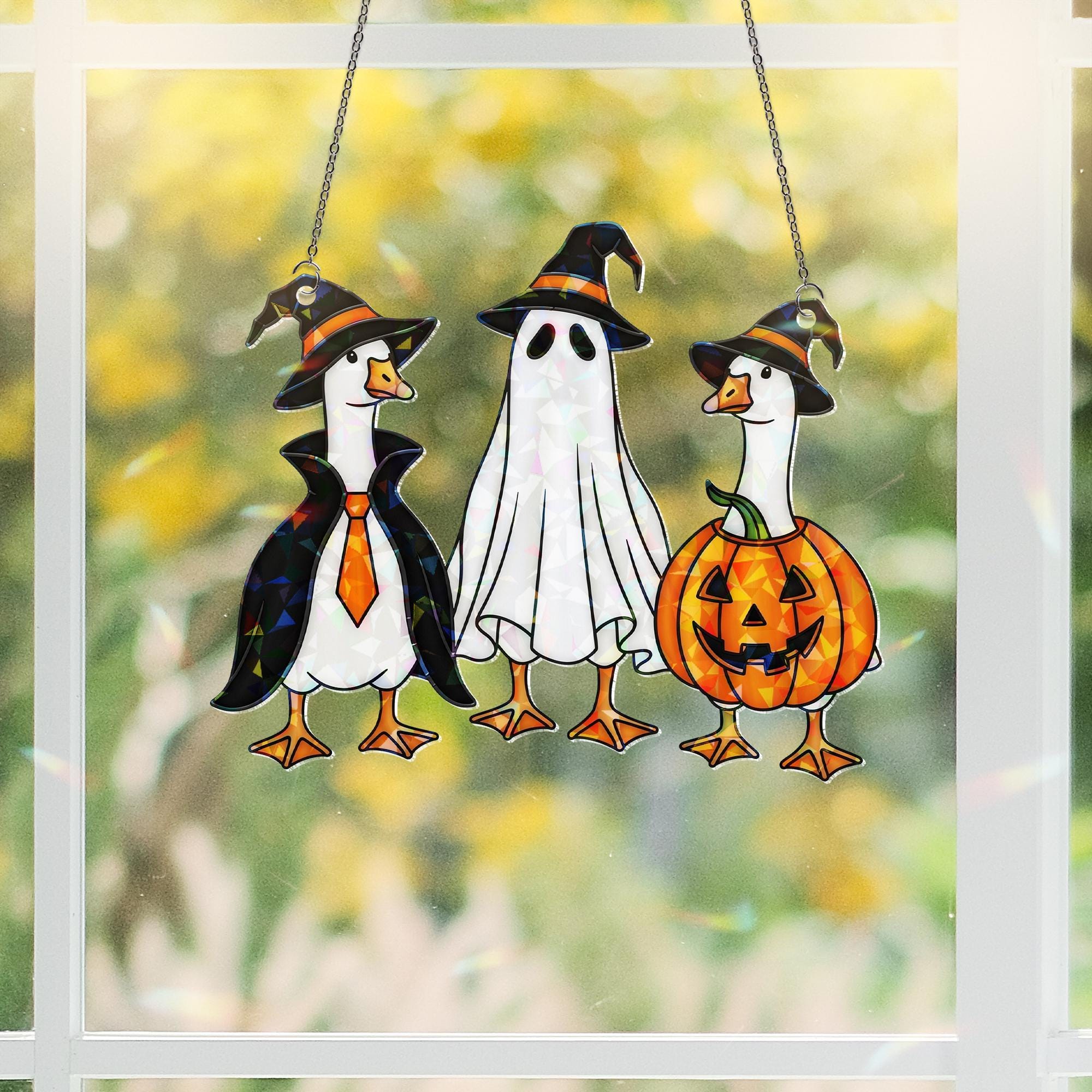 Halloween Goose Hologram Ornament – Cute Goose Witch, Ghost, Pumpkin Costumes – Funny ACRYLIC Window Hanging Fall Decor, Spooky Goose Gift
