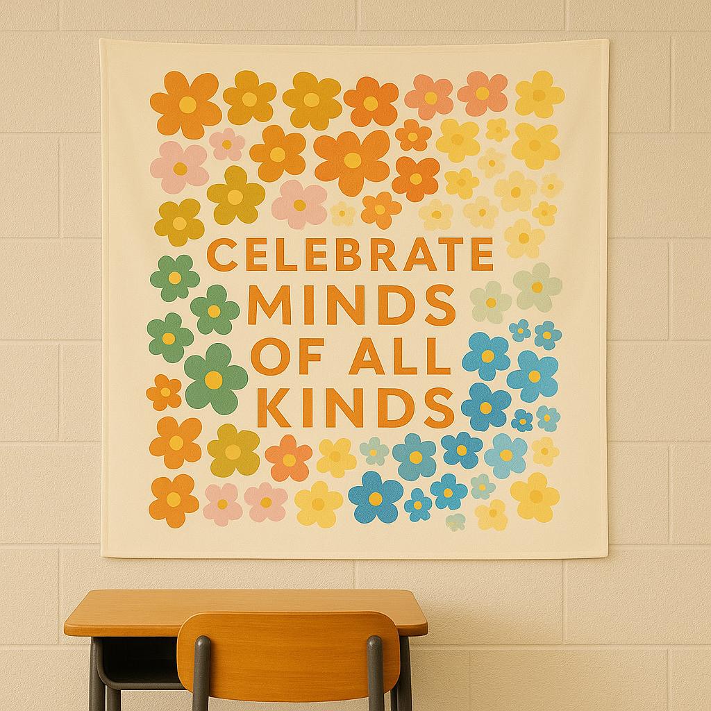 Celebrate Minds of All Kinds Tapestry | Inclusive Classroom Wall Decor | Neurodiversity Awareness Poster | Retro Teacher Office Banner
