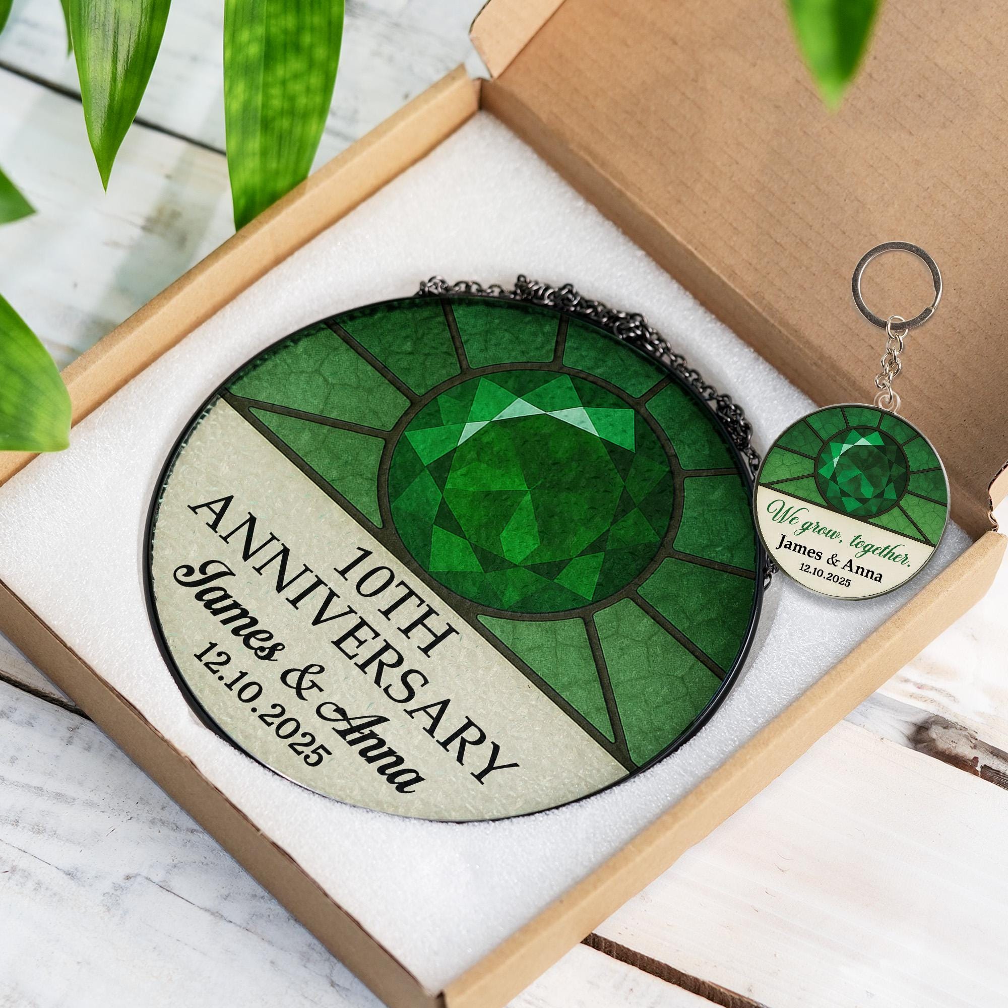 Anniversary Glass Suncatcher & Acrylic Keychain Combo | Anniversary Gemstone Glass Suncatcher | Personalized Keepsake Gifts