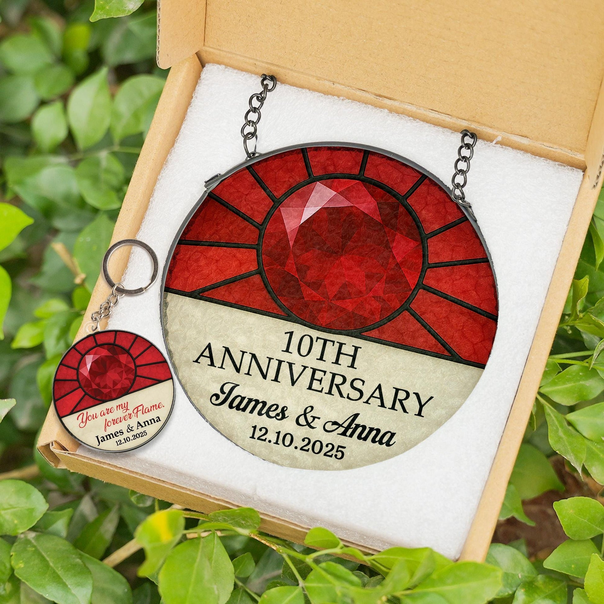 Anniversary Glass Suncatcher & Acrylic Keychain Combo | Anniversary Gemstone Glass Suncatcher | Personalized Keepsake Gifts