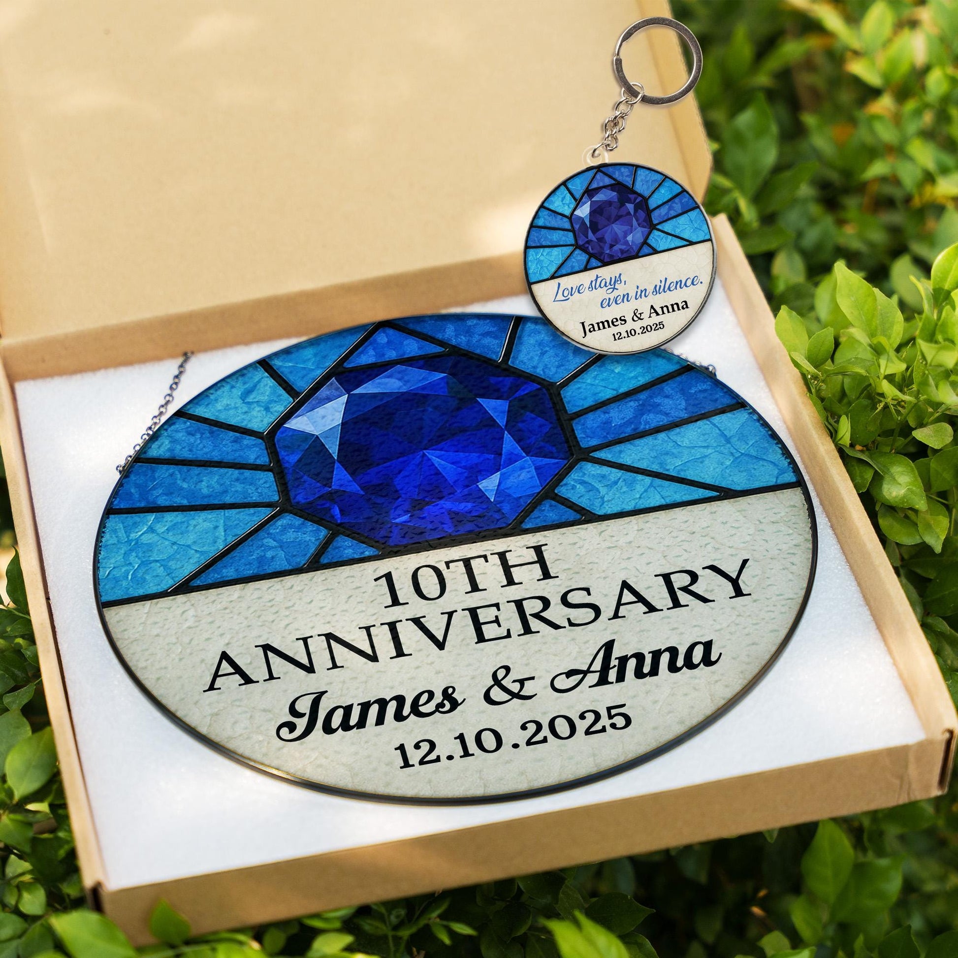 Anniversary Glass Suncatcher & Acrylic Keychain Combo | Anniversary Gemstone Glass Suncatcher | Personalized Keepsake Gifts