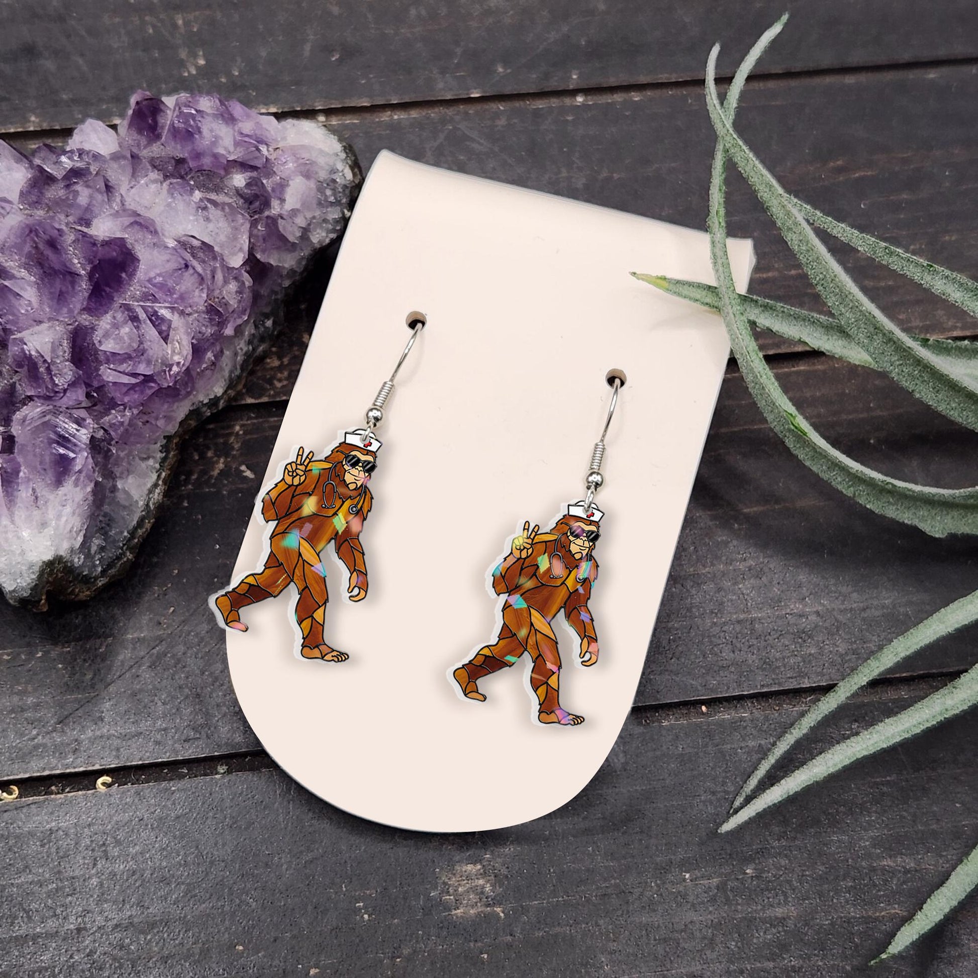 Retro Bigfoot Earrings with Peace Sign – Funny Sasquatch Earrings with Sunglasses, Headphones – Quirky Acrylic Jewelry Gift, Novelty Earring