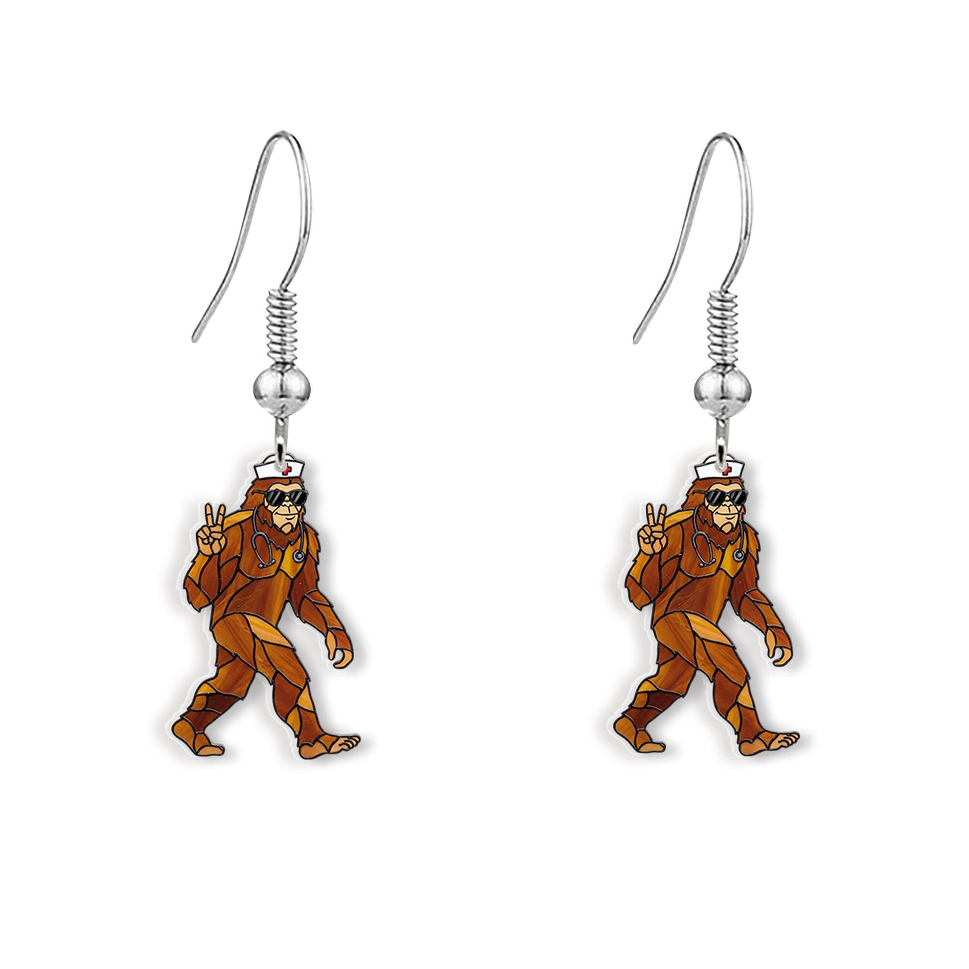Retro Bigfoot Earrings with Peace Sign – Funny Sasquatch Earrings with Sunglasses, Headphones – Quirky Acrylic Jewelry Gift, Novelty Earring