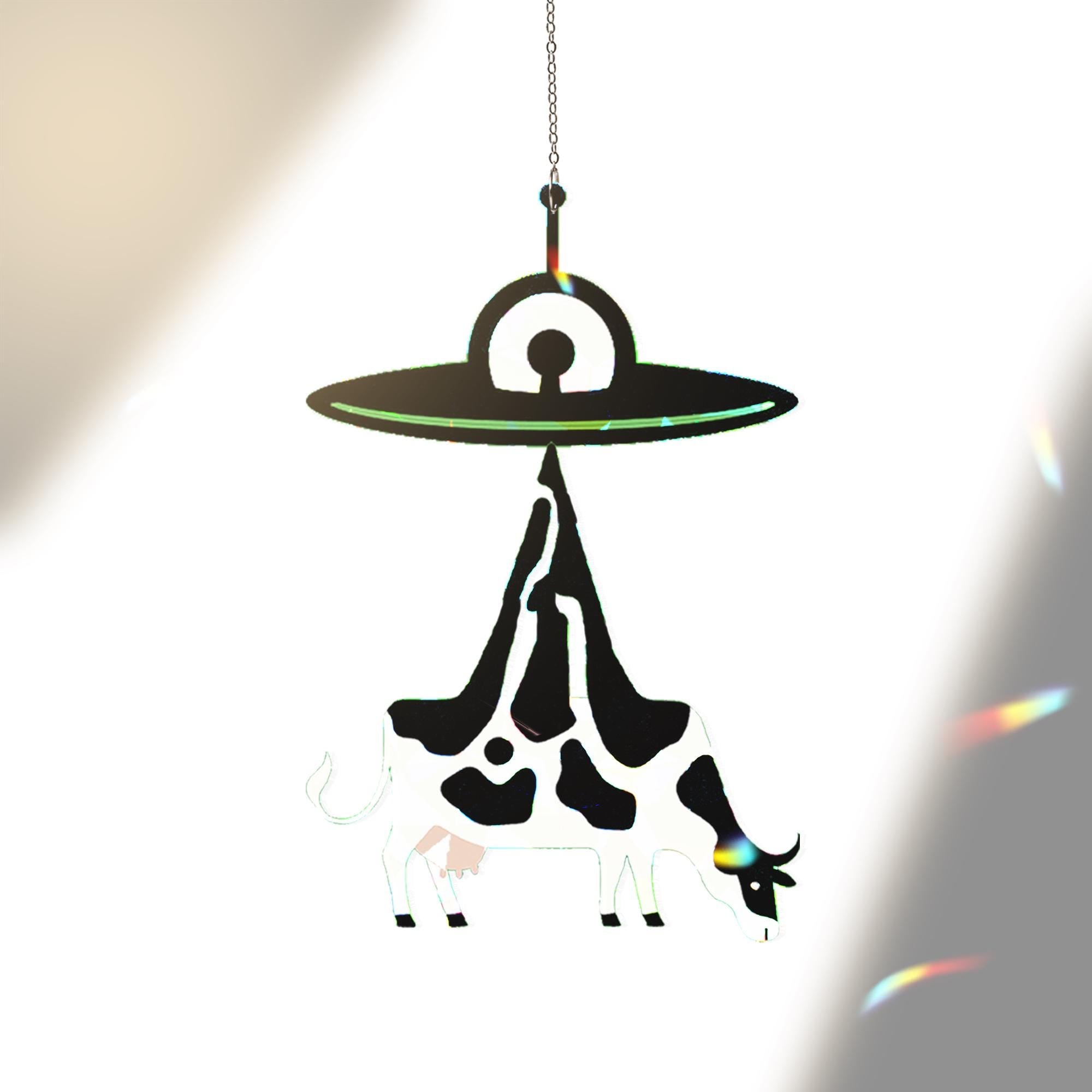 Alien UFO Cow  Acrylic Suncatcher, Funny Abduction Glass Decor, Sci-Fi Window Hanging, Quirky Space Gift for Farmers and Nerds, Home Decor