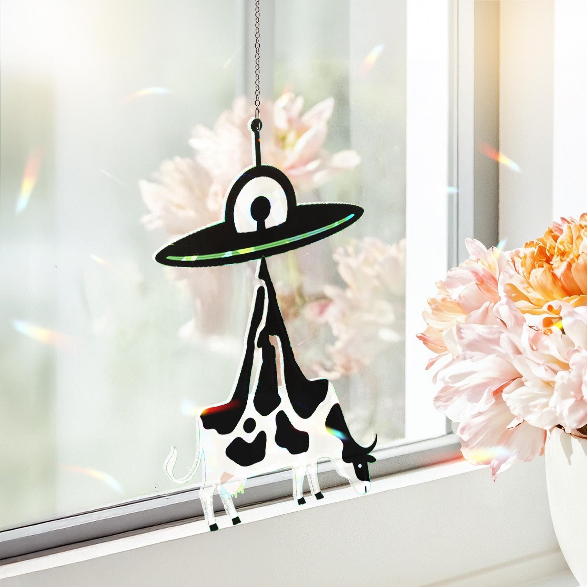 Alien UFO Cow  Acrylic Suncatcher, Funny Abduction Glass Decor, Sci-Fi Window Hanging, Quirky Space Gift for Farmers and Nerds, Home Decor
