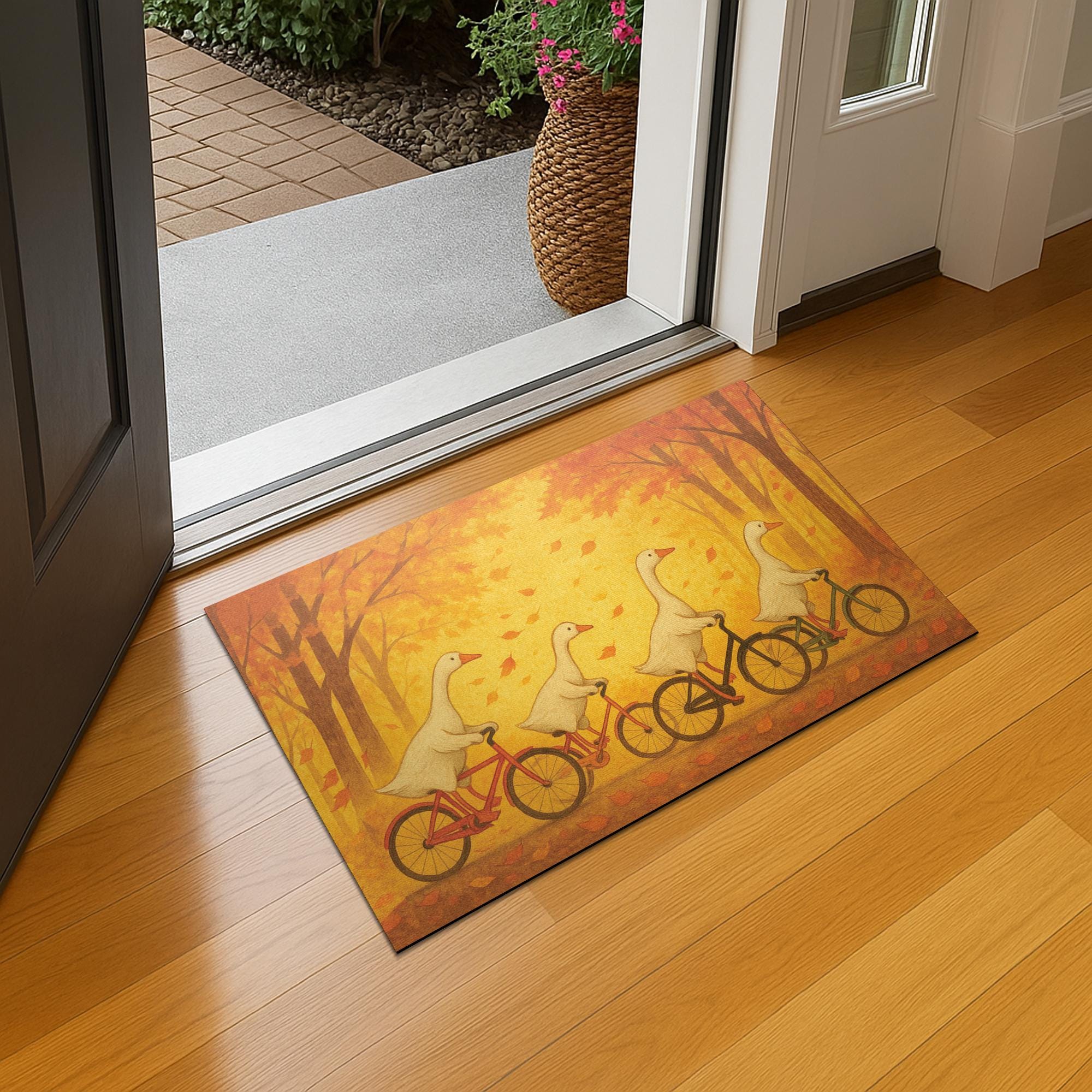 Autumn Goose Bike Doormat – Whimsical Geese Riding Bicycles, Fall Porch Mat, Cute Bird Door Mat, Seasonal Outdoor Welcome Rug