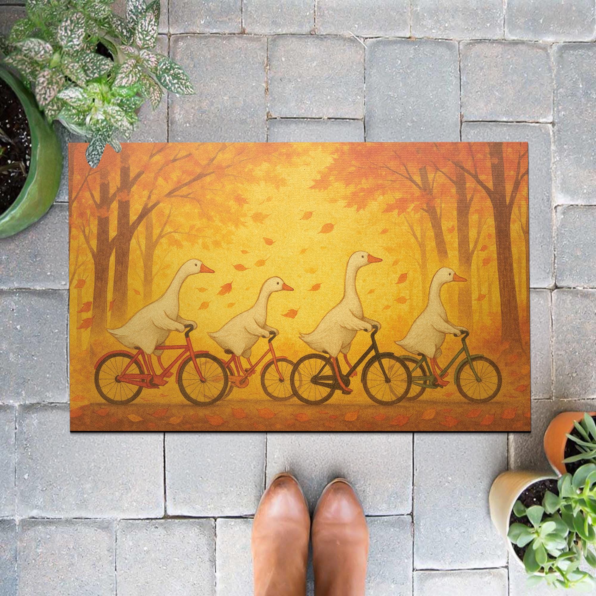 Autumn Goose Bike Doormat – Whimsical Geese Riding Bicycles, Fall Porch Mat, Cute Bird Door Mat, Seasonal Outdoor Welcome Rug