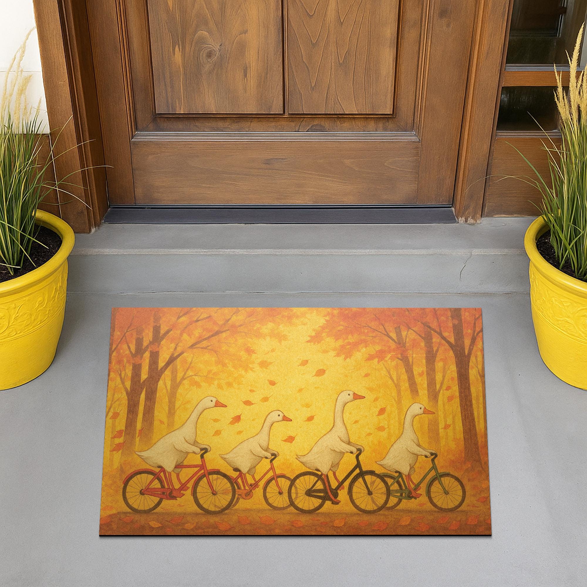 Autumn Goose Bike Doormat – Whimsical Geese Riding Bicycles, Fall Porch Mat, Cute Bird Door Mat, Seasonal Outdoor Welcome Rug