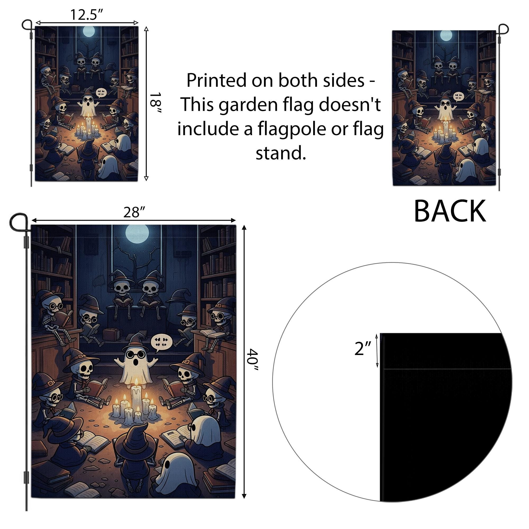 Halloween Library Ghost Story Flag – Spooky Skeleton Reading Circle Garden Flag, Witch Library Candlelight Fall Outdoor Decoration