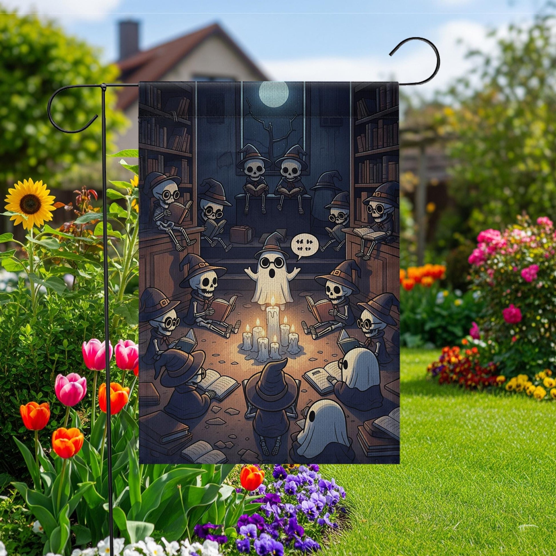 Halloween Library Ghost Story Flag – Spooky Skeleton Reading Circle Garden Flag, Witch Library Candlelight Fall Outdoor Decoration