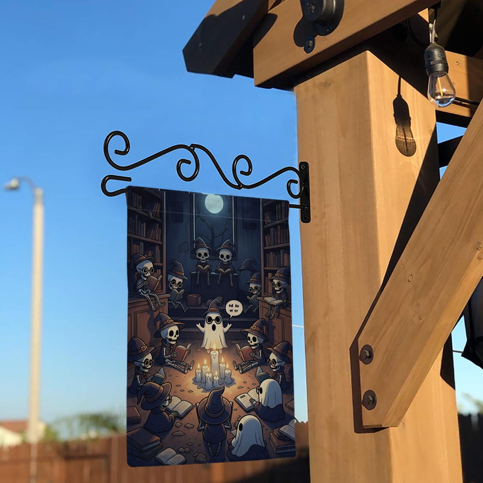 Halloween Library Ghost Story Flag – Spooky Skeleton Reading Circle Garden Flag, Witch Library Candlelight Fall Outdoor Decoration