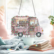 Book Truck Hologram Window Hanging – Cozy Mobile Bookshop Sun Catcher, Rose Garden Reading Café Decor for Book Lovers