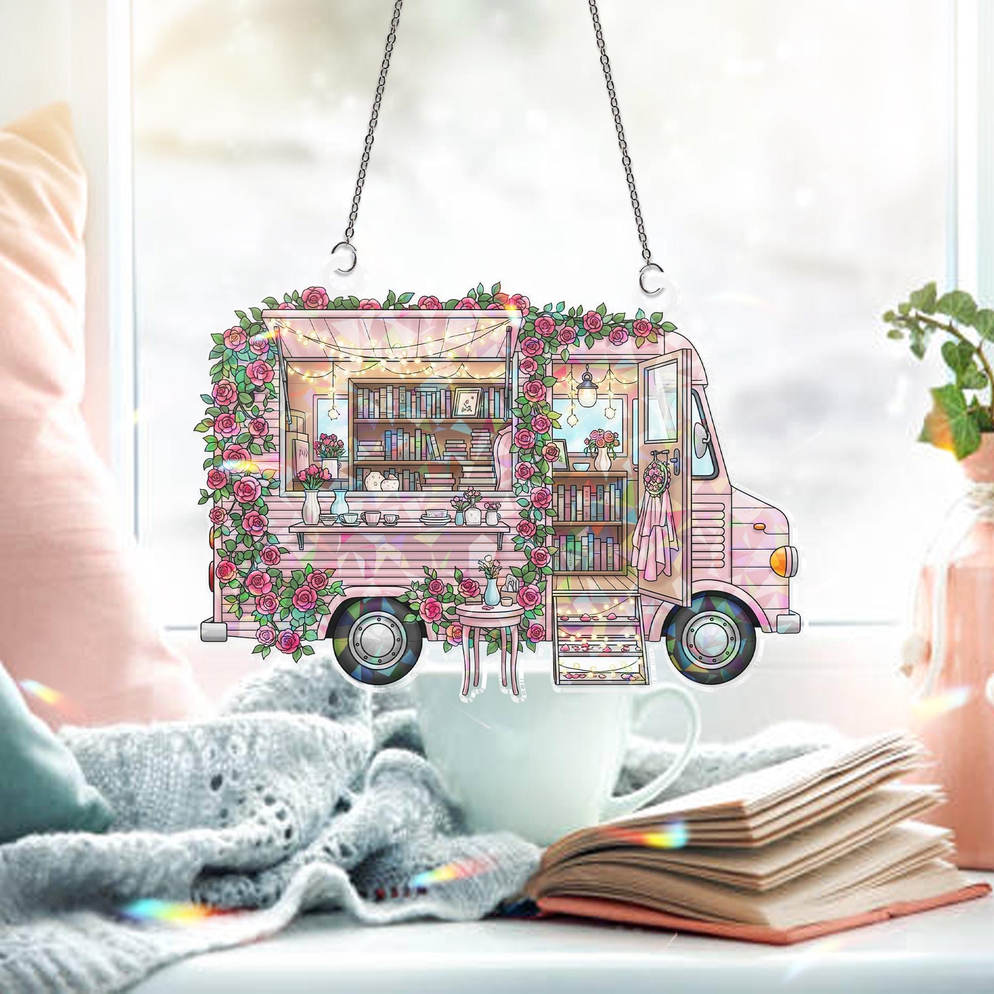 Book Truck Hologram Window Hanging – Cozy Mobile Bookshop Sun Catcher, Rose Garden Reading Café Decor for Book Lovers