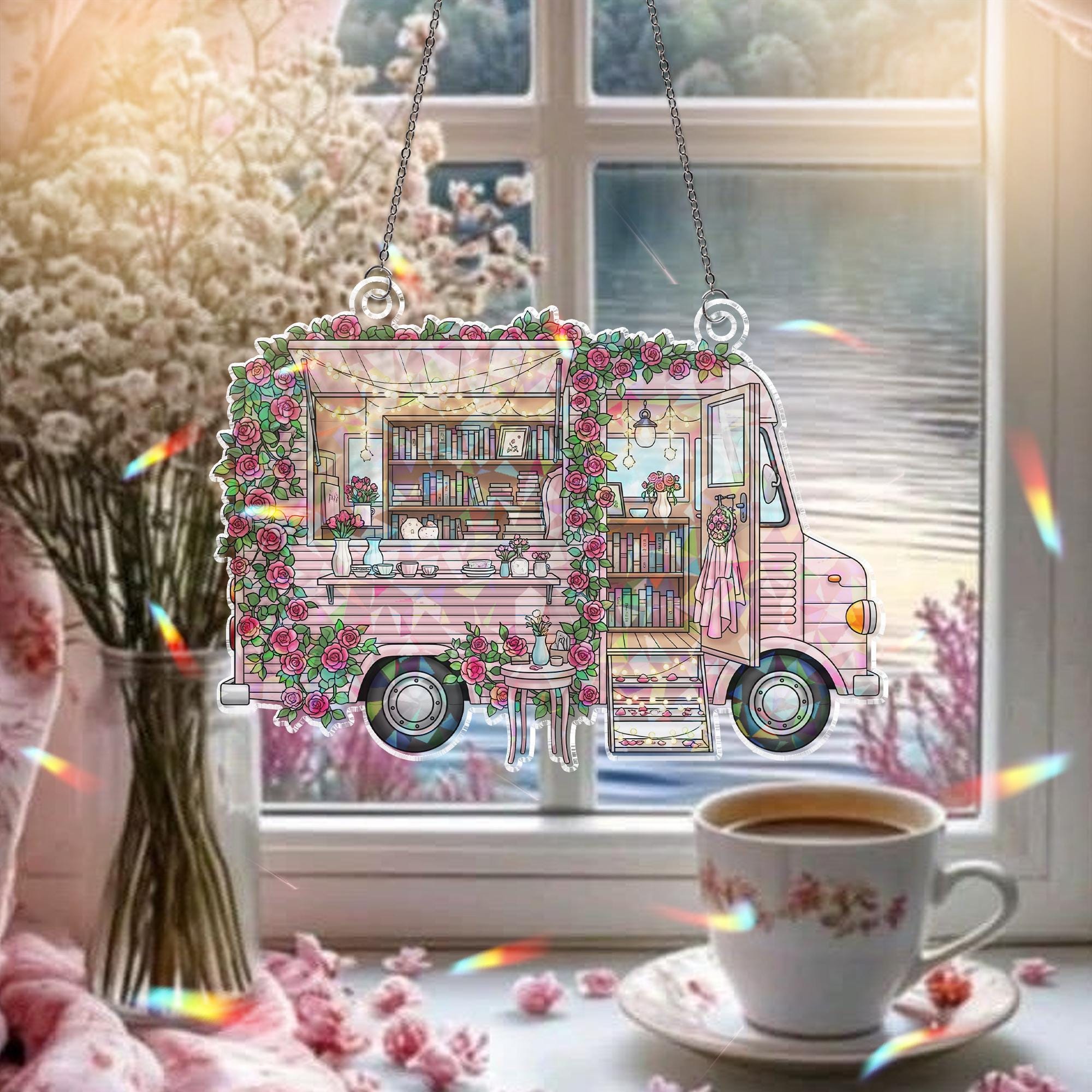 Book Truck Hologram Window Hanging – Cozy Mobile Bookshop Sun Catcher, Rose Garden Reading Café Decor for Book Lovers