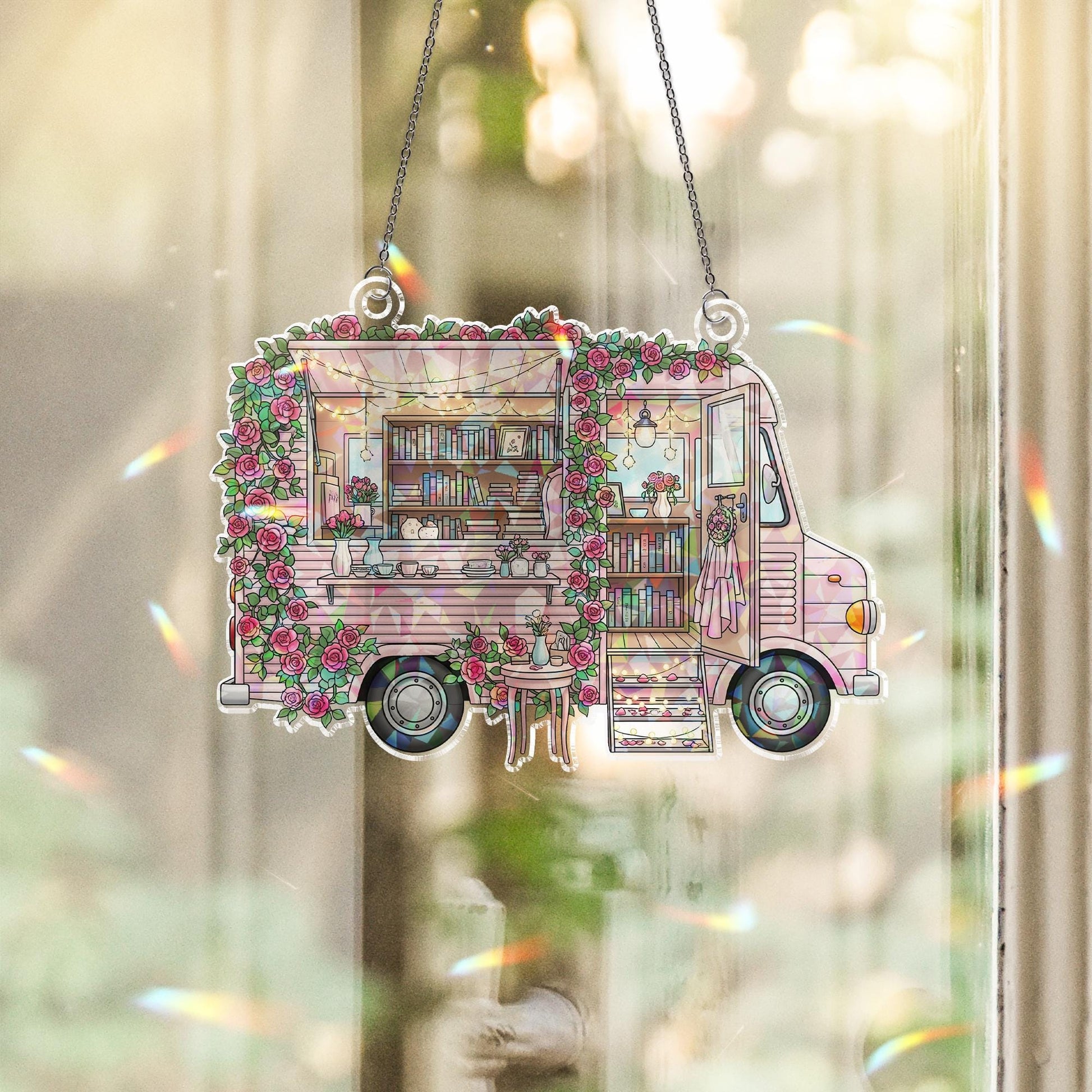 Book Truck Hologram Window Hanging – Cozy Mobile Bookshop Sun Catcher, Rose Garden Reading Café Decor for Book Lovers