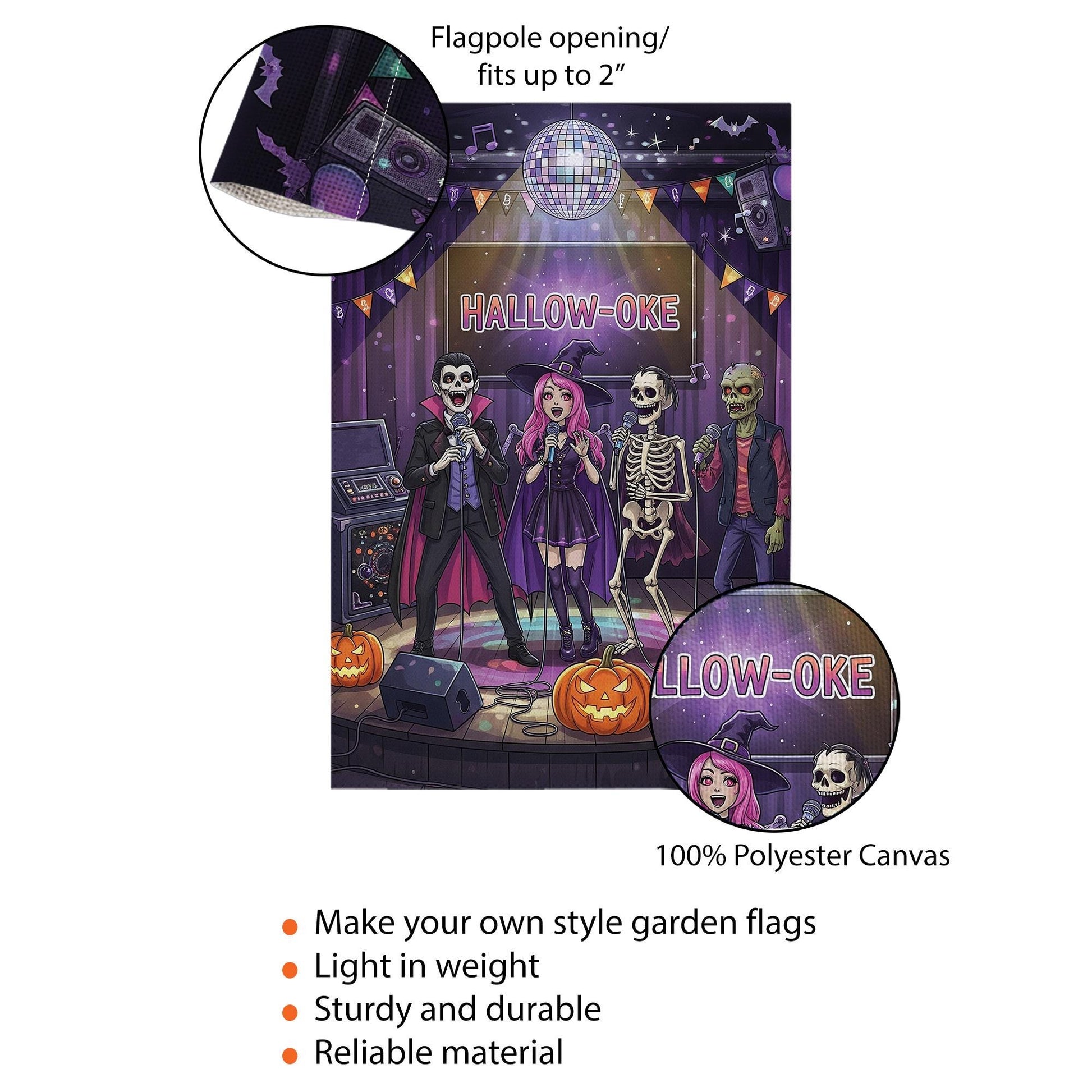 Halloween Karaoke Garden Flag – Hallow-Oke Party Decor, Spooky Singing Skeletons, Funny Outdoor Halloween Yard Decoration