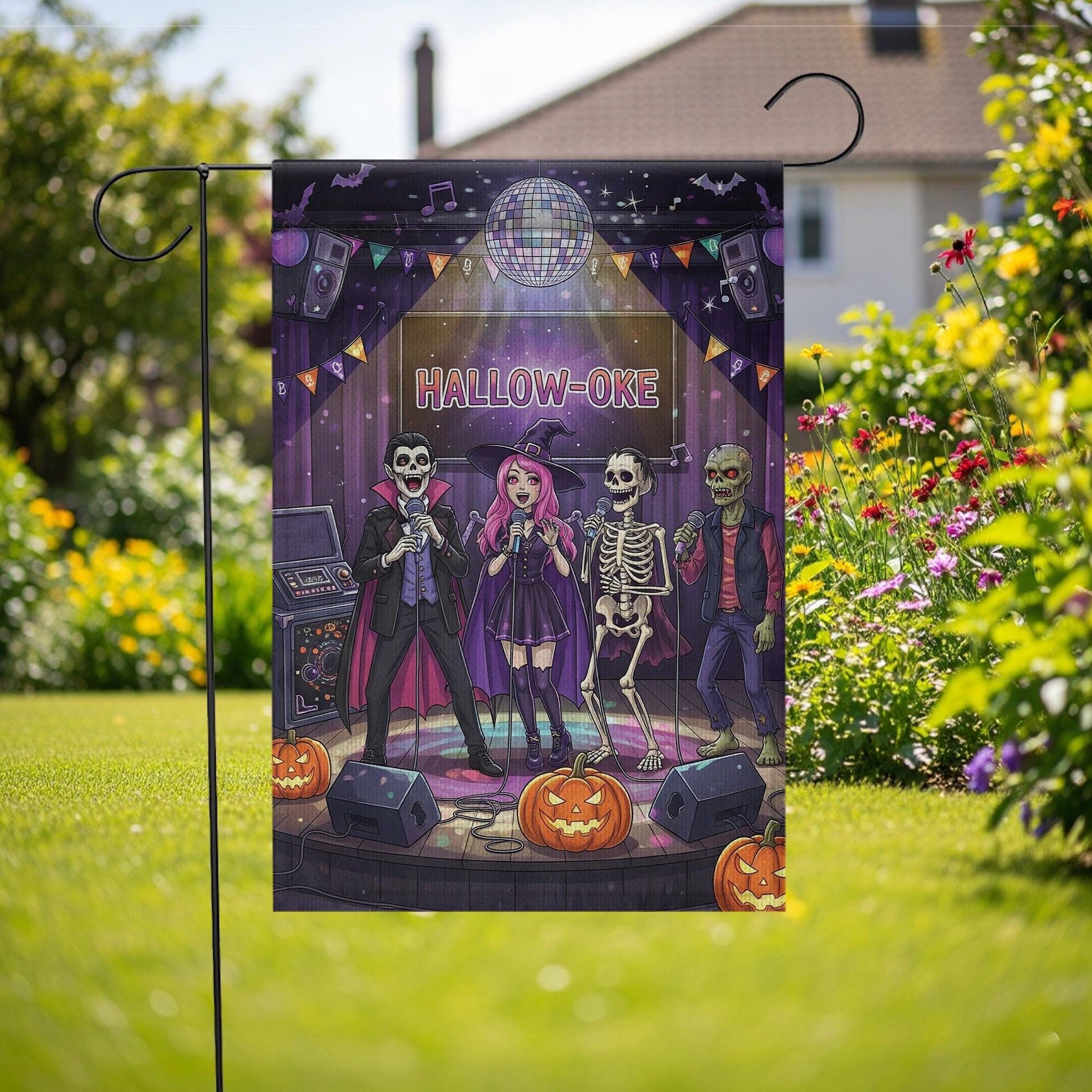 Halloween Karaoke Garden Flag – Hallow-Oke Party Decor, Spooky Singing Skeletons, Funny Outdoor Halloween Yard Decoration