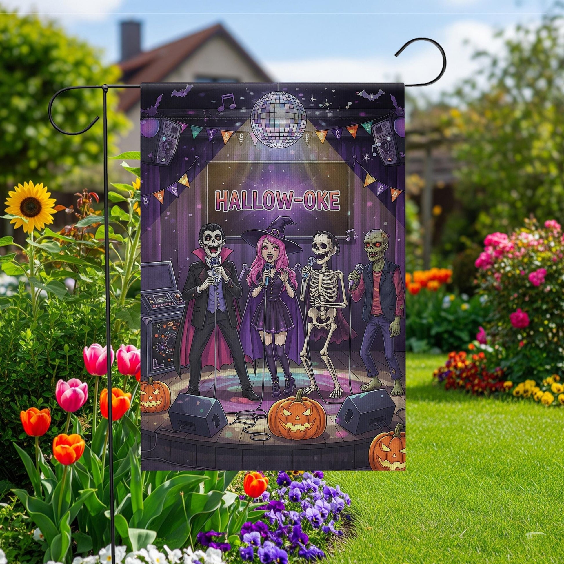 Halloween Karaoke Garden Flag – Hallow-Oke Party Decor, Spooky Singing Skeletons, Funny Outdoor Halloween Yard Decoration
