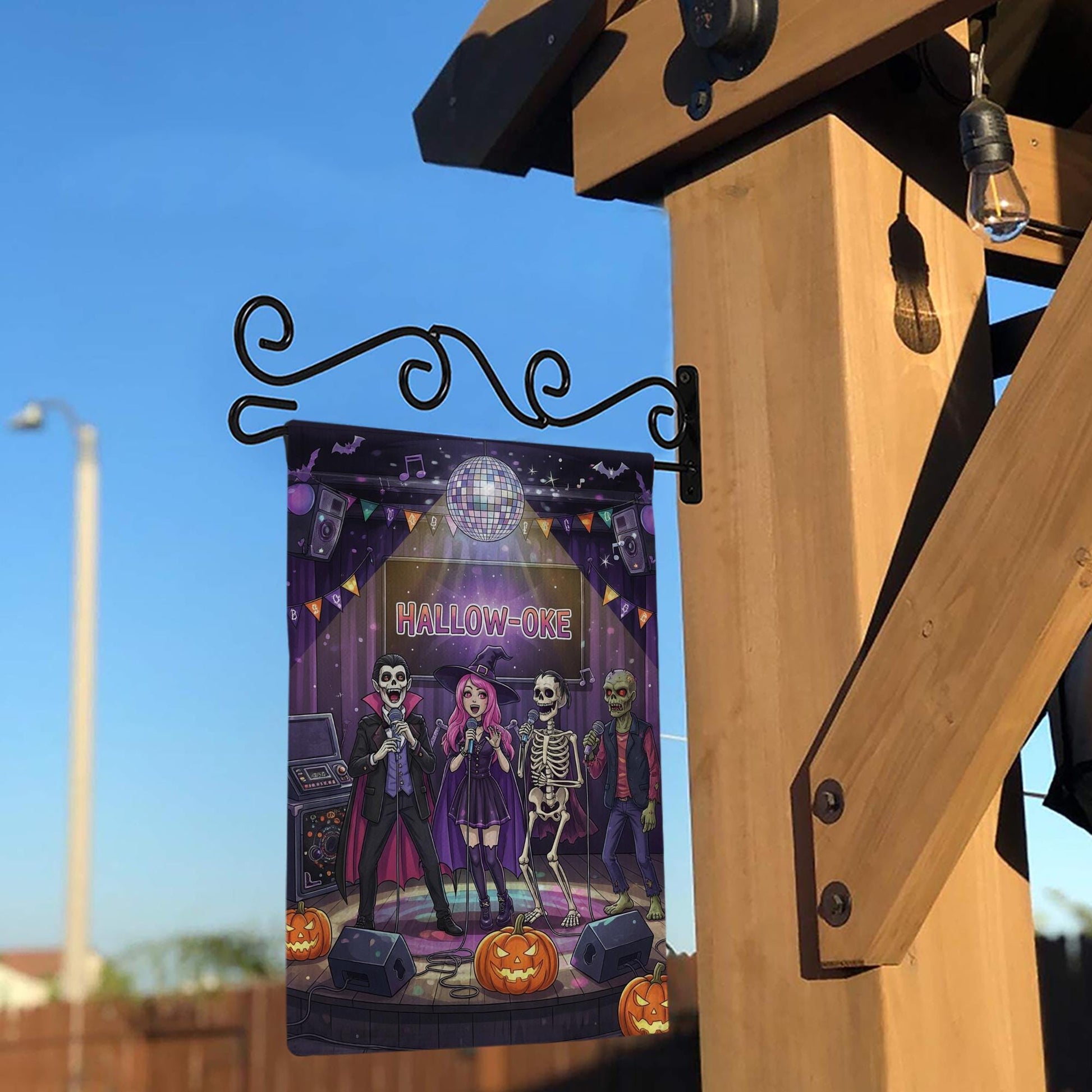 Halloween Karaoke Garden Flag – Hallow-Oke Party Decor, Spooky Singing Skeletons, Funny Outdoor Halloween Yard Decoration