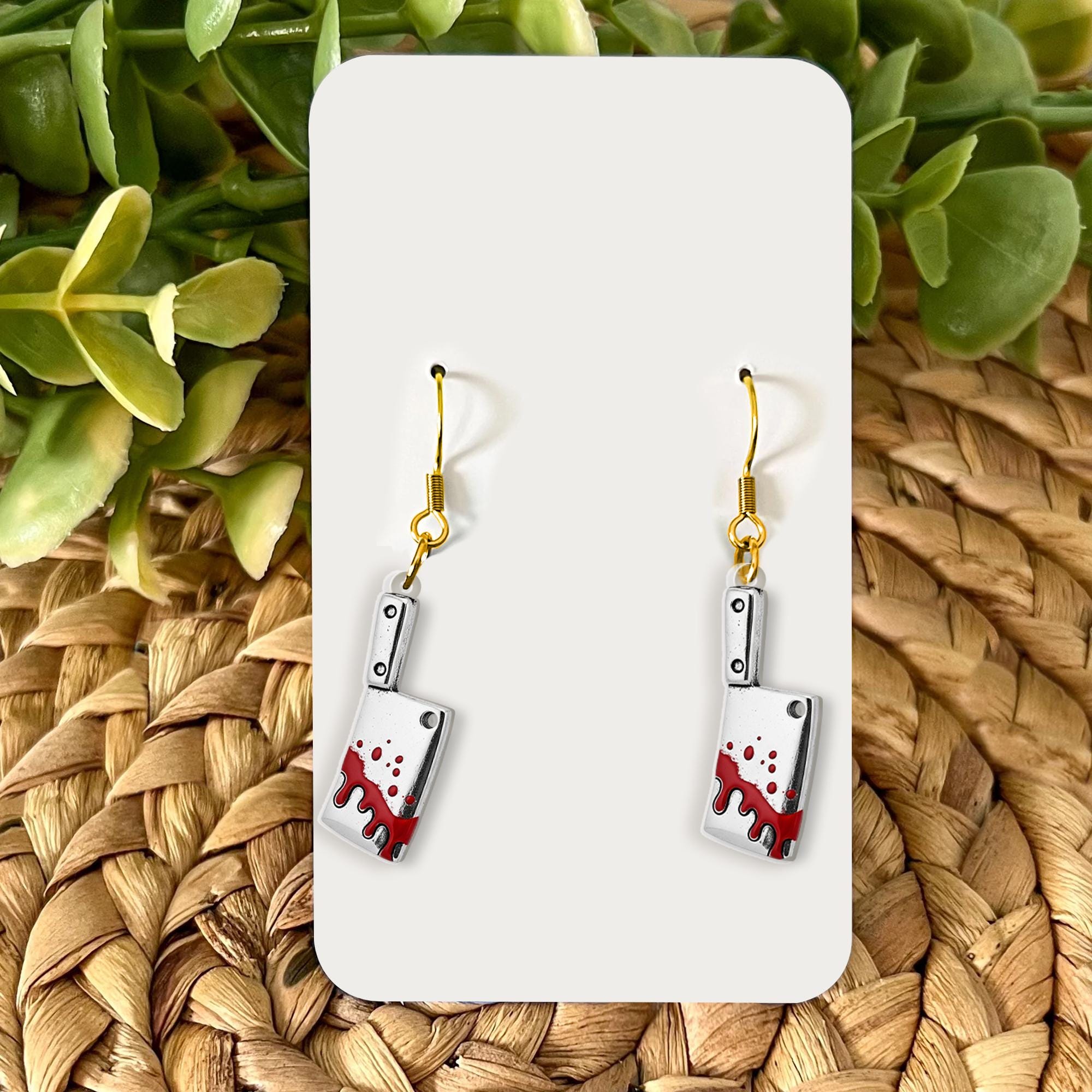 Acrylic Bloody Cleaver Earrings, Horror Knife Jewelry for Adults, Gothic Halloween Dangles, Red Splatter Drop Earrings