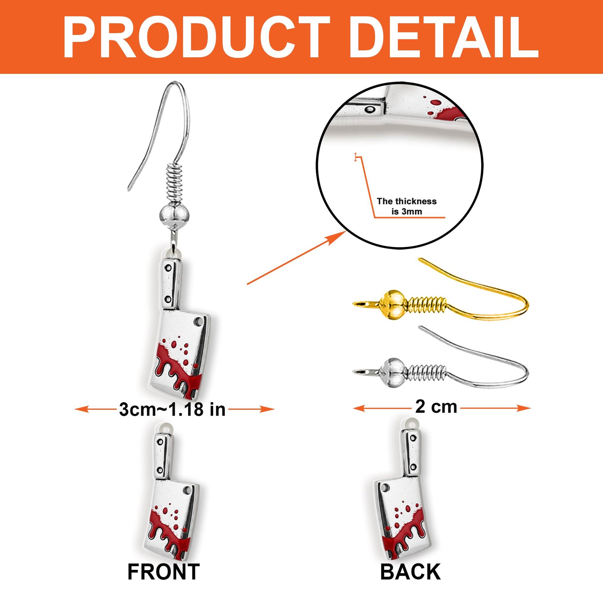 Acrylic Bloody Cleaver Earrings, Horror Knife Jewelry for Adults, Gothic Halloween Dangles, Red Splatter Drop Earrings